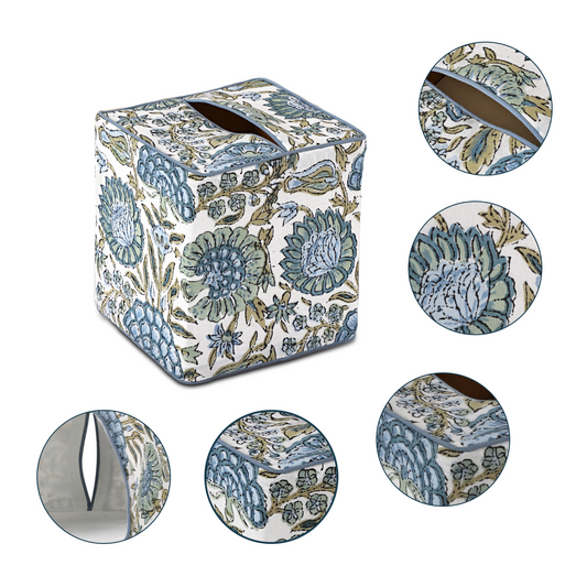 Floral patterned tissue box cover with close-up details on a white background