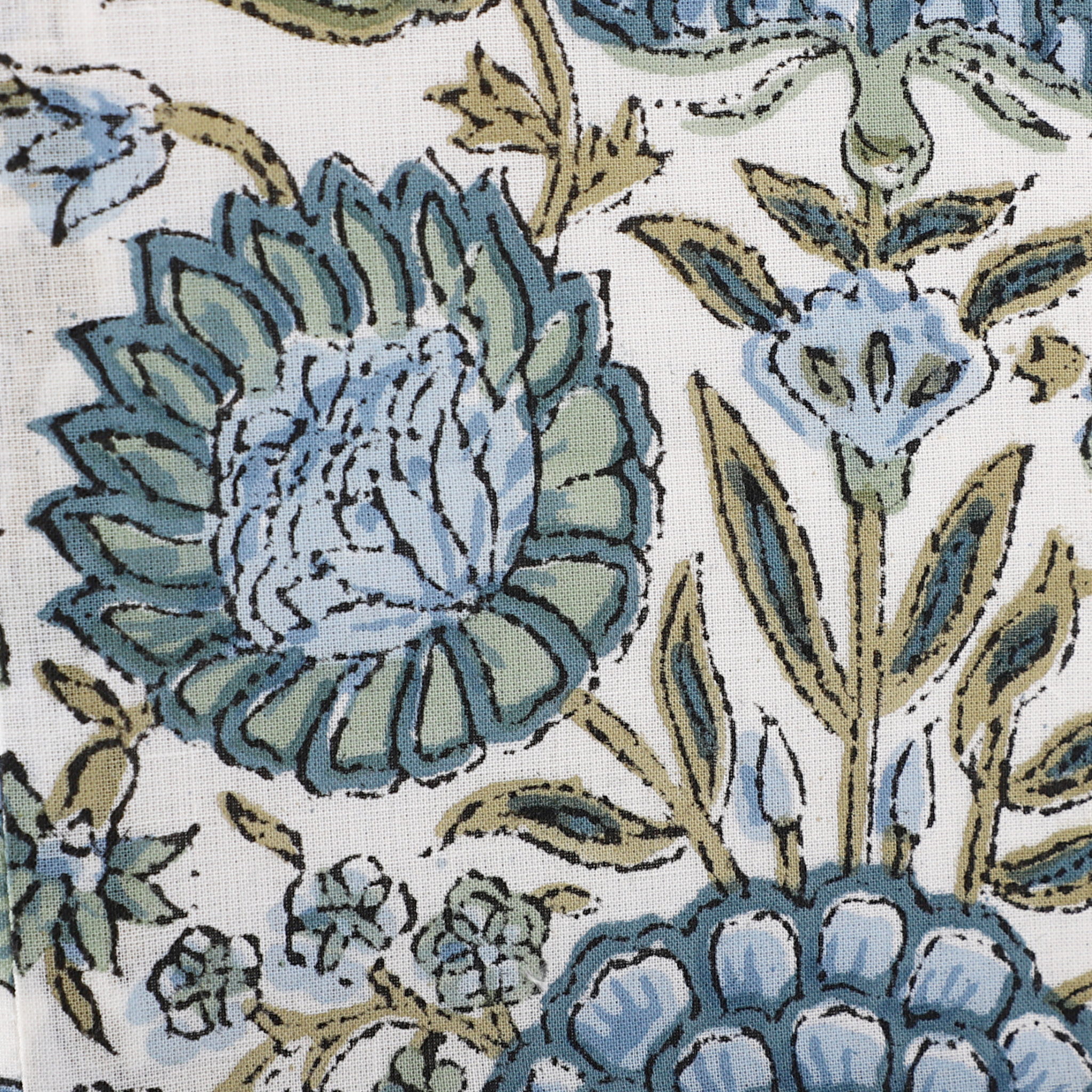 Close-up of floral pattern with blue and green flowers on a white background
