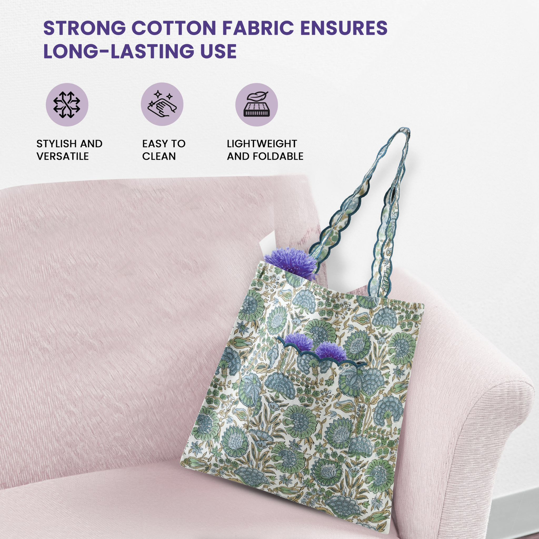 Floral tote bag on a pink couch with text about strong cotton fabric.