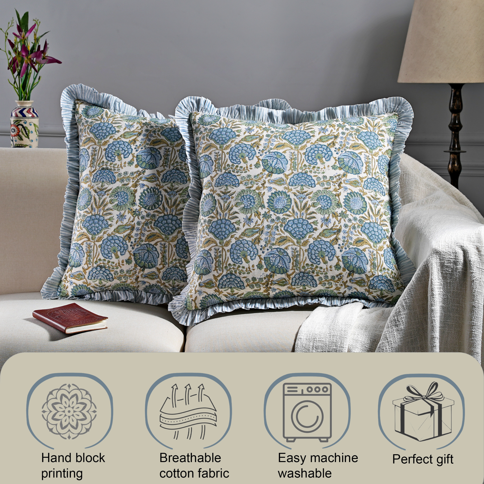 Decorative pillows with floral patterns on a sofa, featuring icons and text about product features.