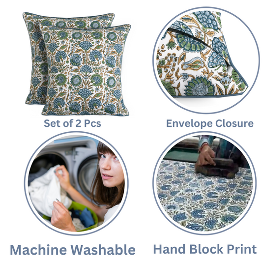 Set of 2 floral patterned pillows with envelope closure, machine washable feature, and hand block print details.