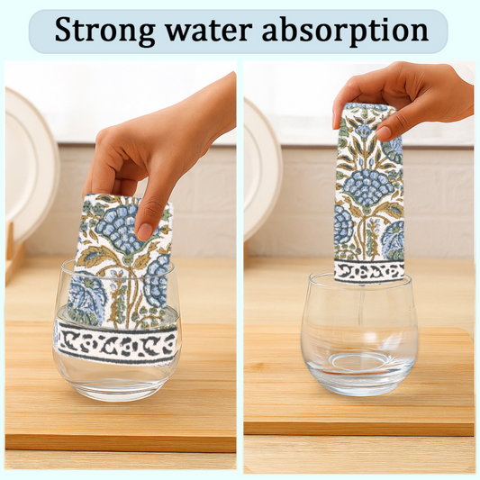 Hand holding a floral-patterned glass with water absorption text above.