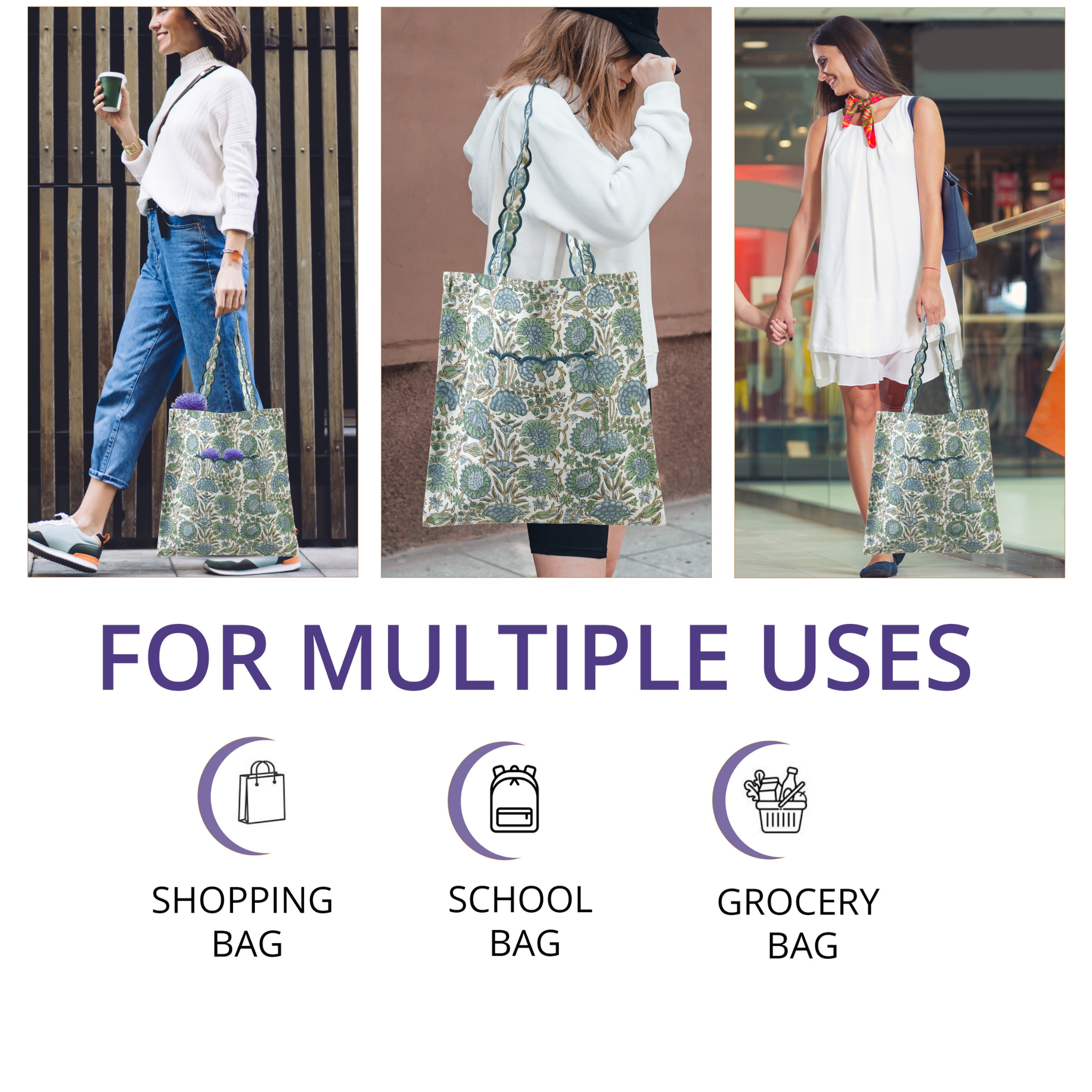 Three women using a floral tote bag in various settings with text 'FOR MULTIPLE USES' and icons for shopping, school, and grocery bags.