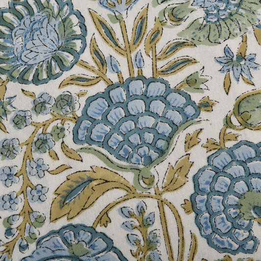 Close-up of a floral pattern with blue and green flowers on a beige background