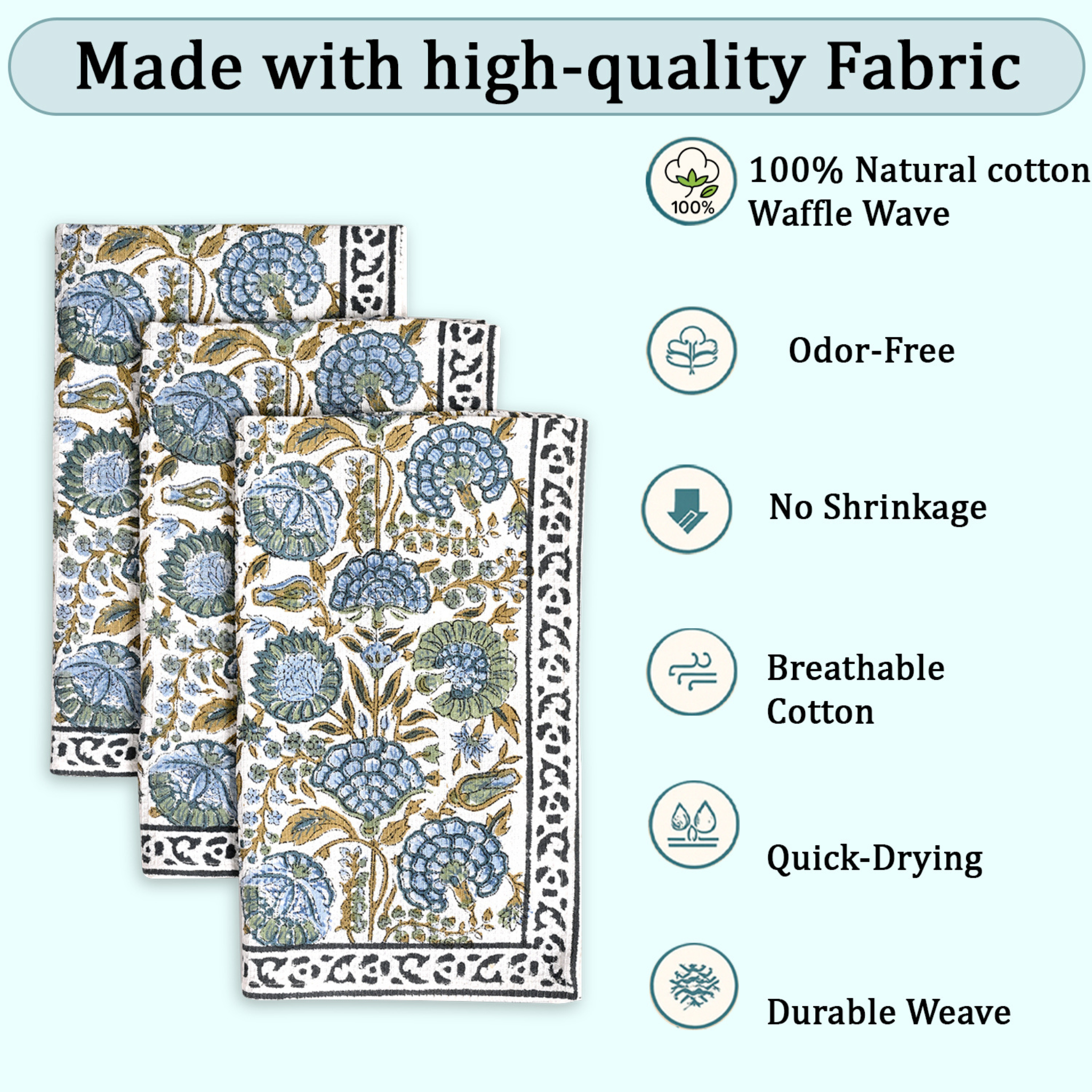 Set of floral towels with high-quality fabric features on a white background