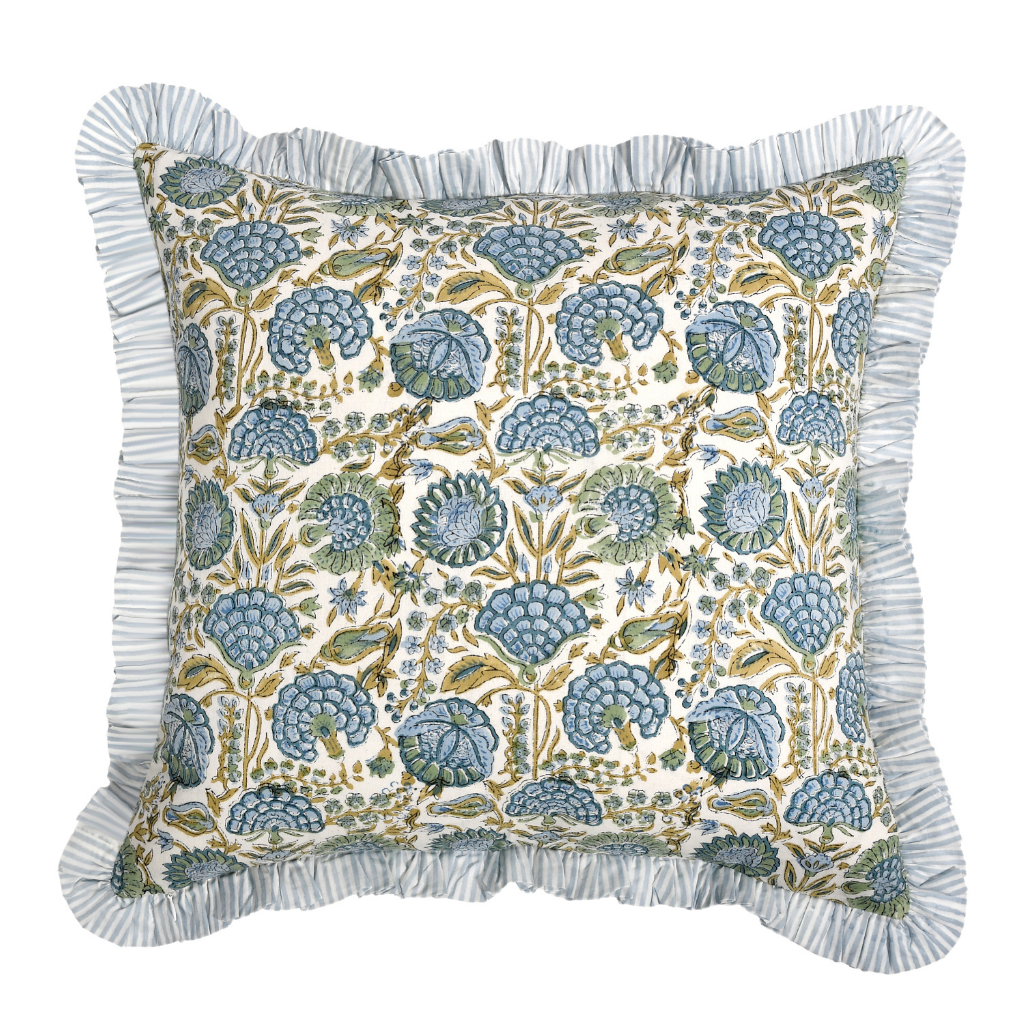 Decorative pillow with floral pattern and ruffled edge on a white background