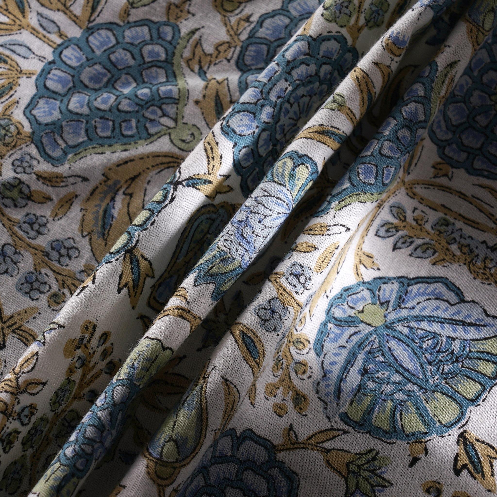 Close-up of floral patterned fabric with blue and green colors.