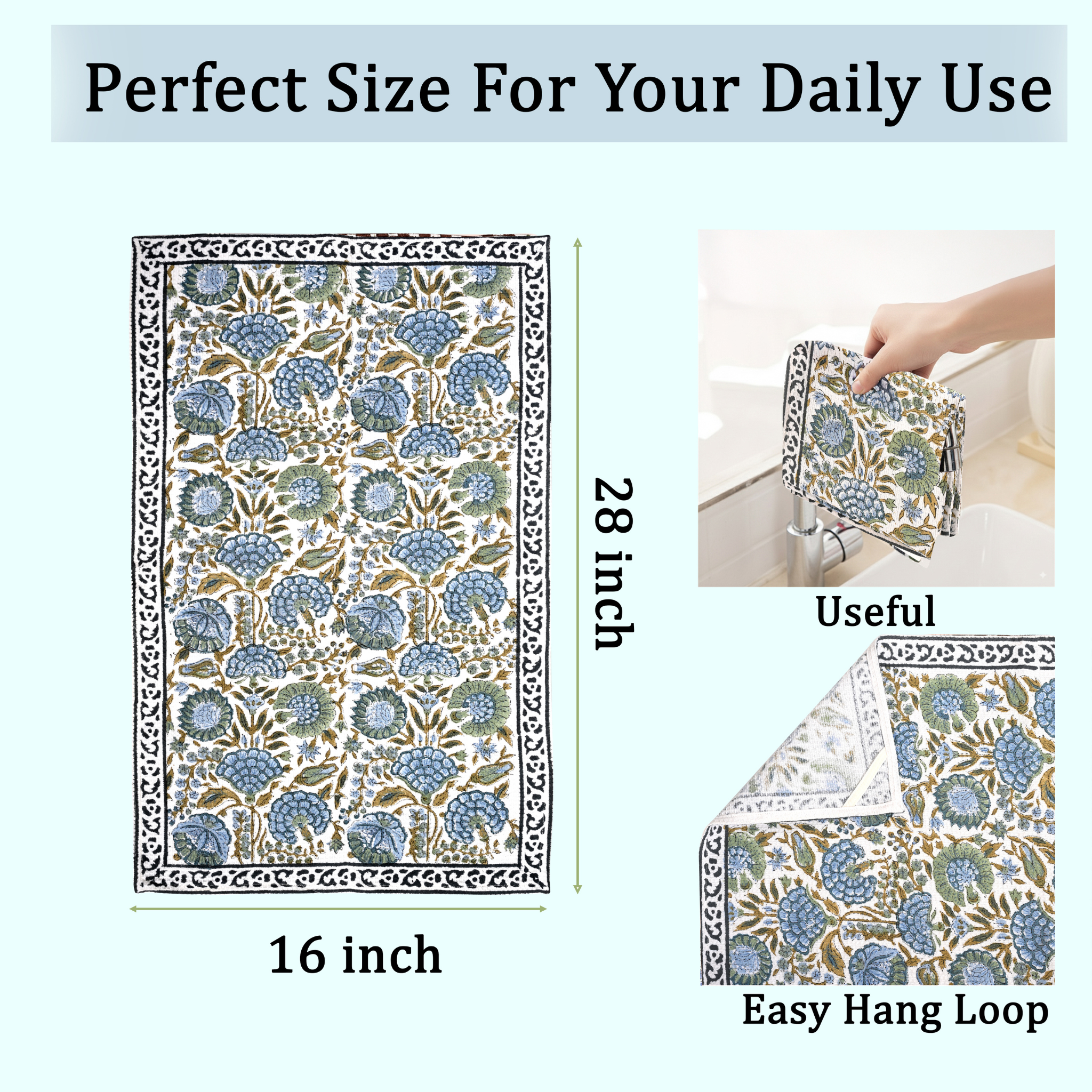 Floral patterned towel with measurements and features on a white background