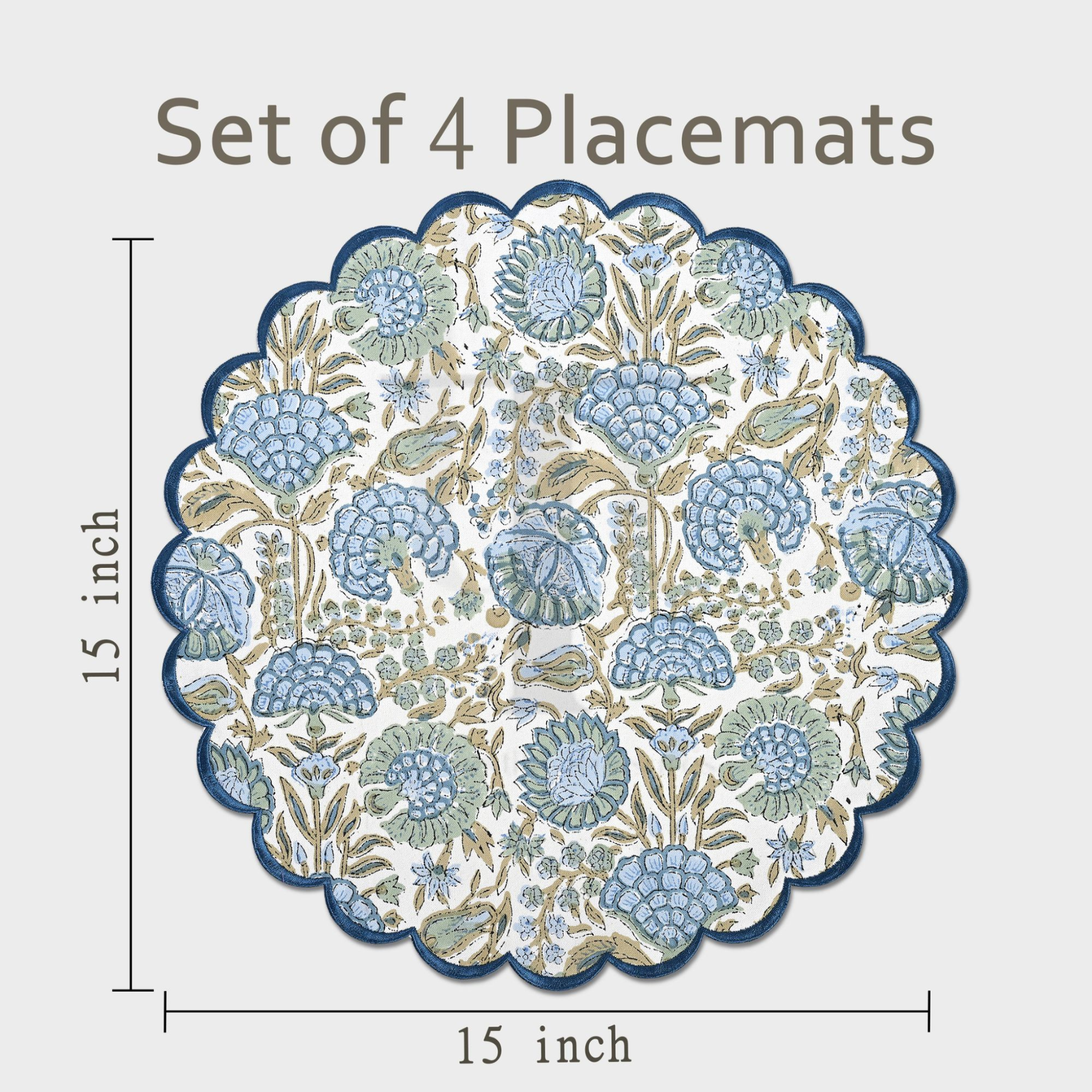 Set of 4 floral placemats with measurements on a light gray background