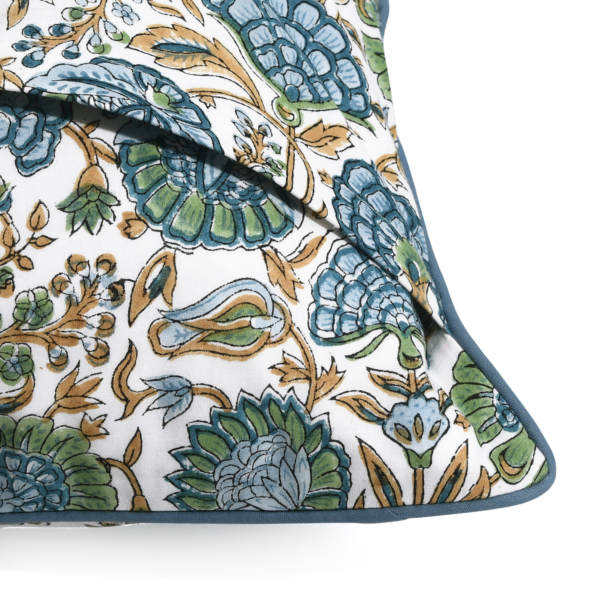 Floral patterned fabric with blue, green, and brown colors on a white background