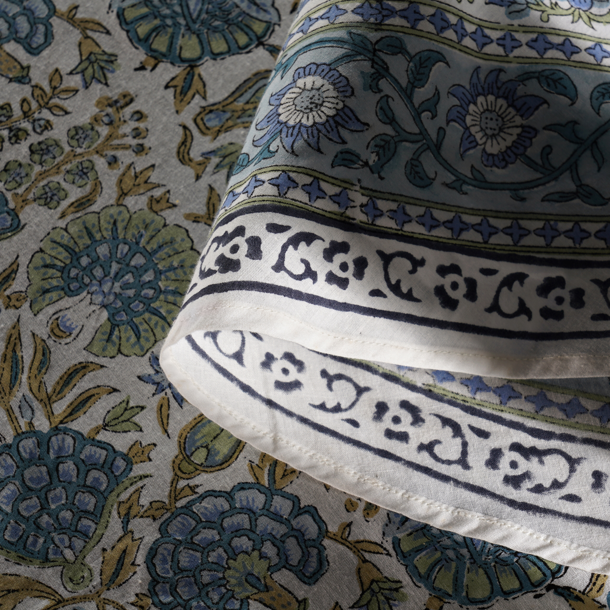 Close-up of a patterned fabric with blue and white design