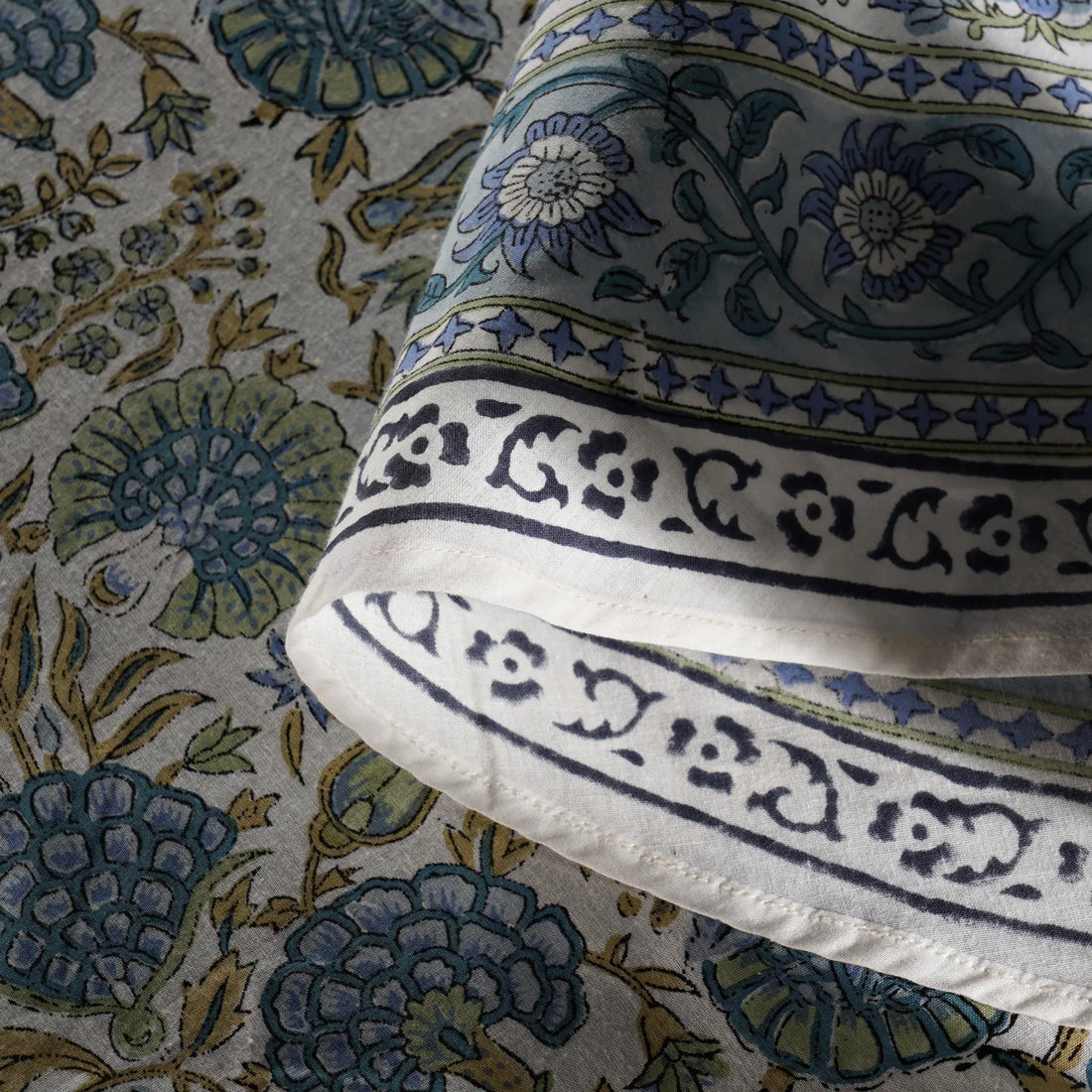 Close-up of a patterned fabric with blue and white design