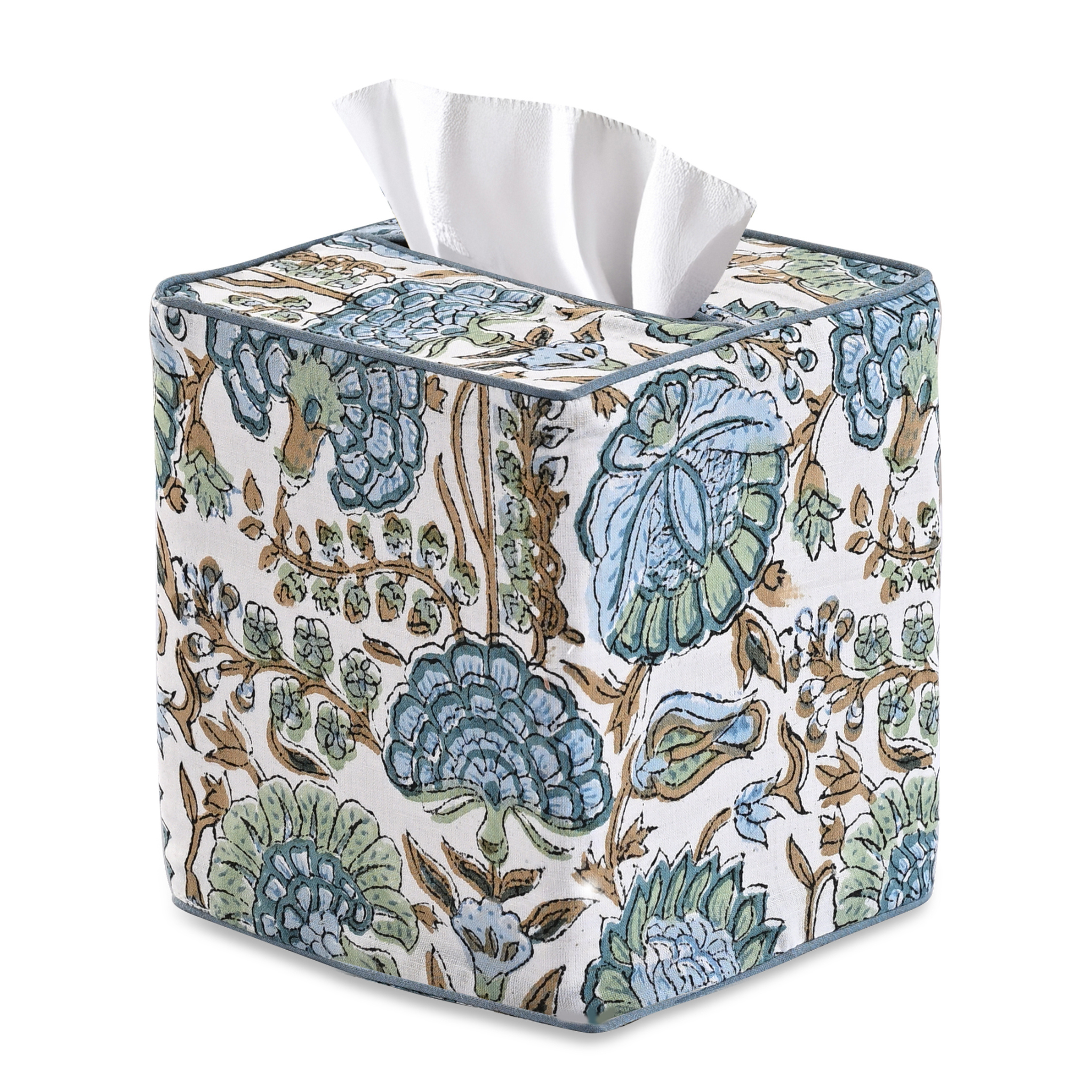 Floral-patterned tissue box cover with tissues inside on a white background