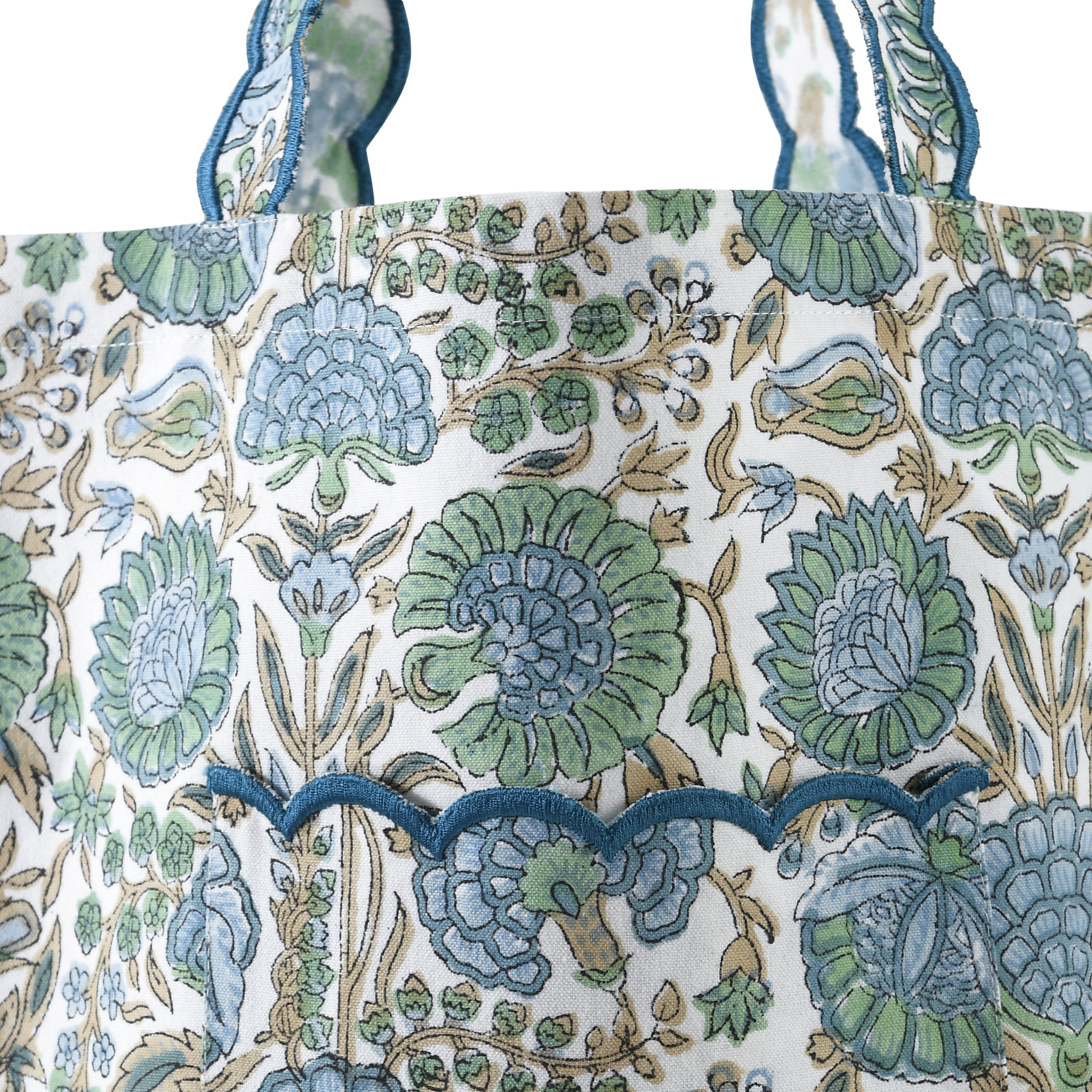 Floral patterned fabric with blue and green flowers on a white background
