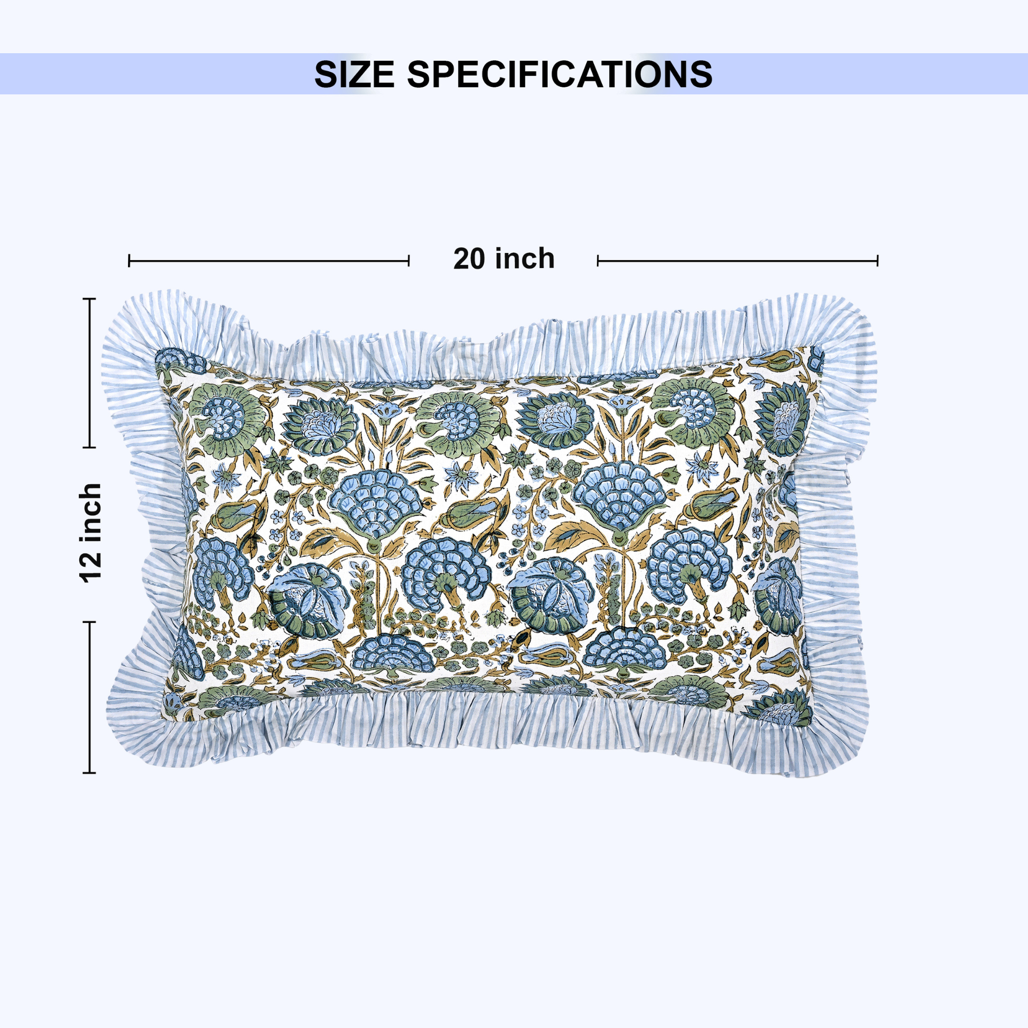 Decorative pillow with floral pattern and size specifications on a white background