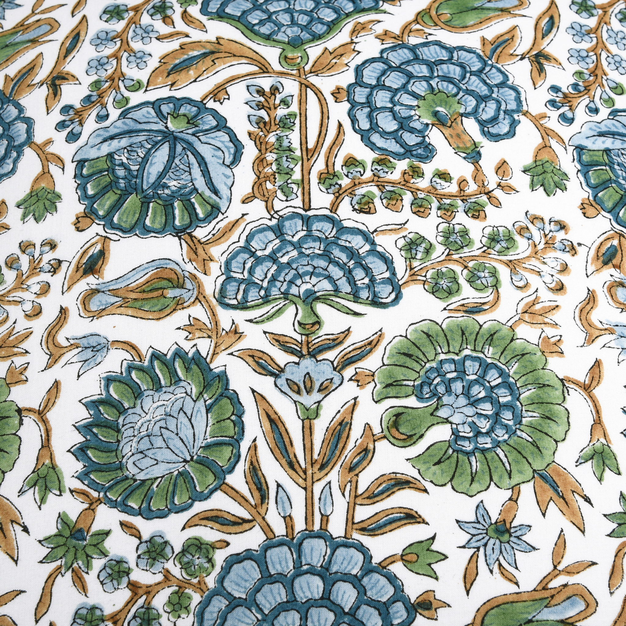 Close-up of a floral pattern with blue and green flowers on a white background