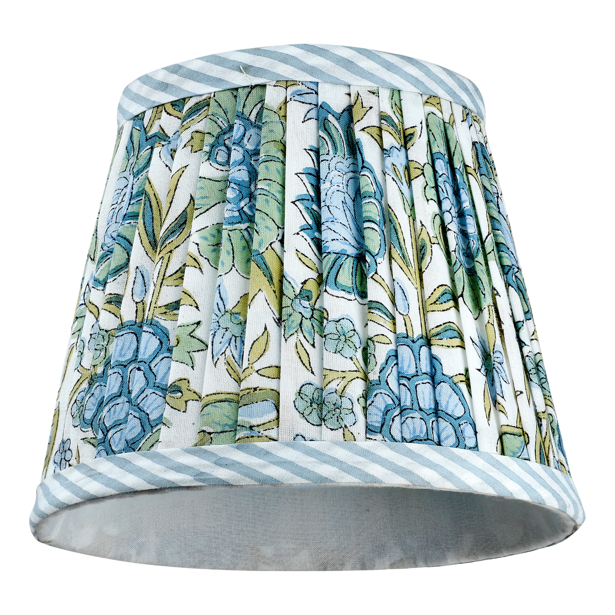 Decorative lampshade with floral pattern and striped edges on a white background