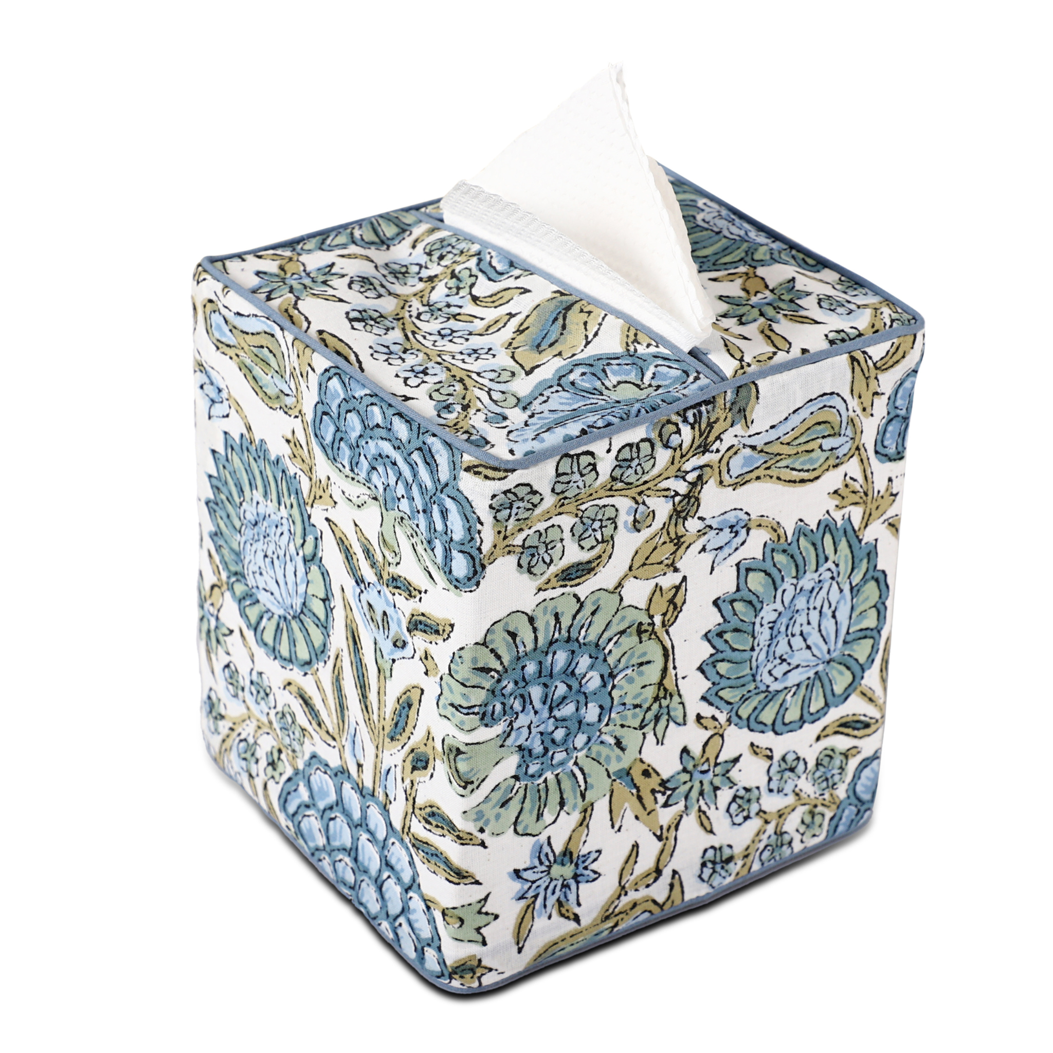 Floral patterned tissue box cover on a white background