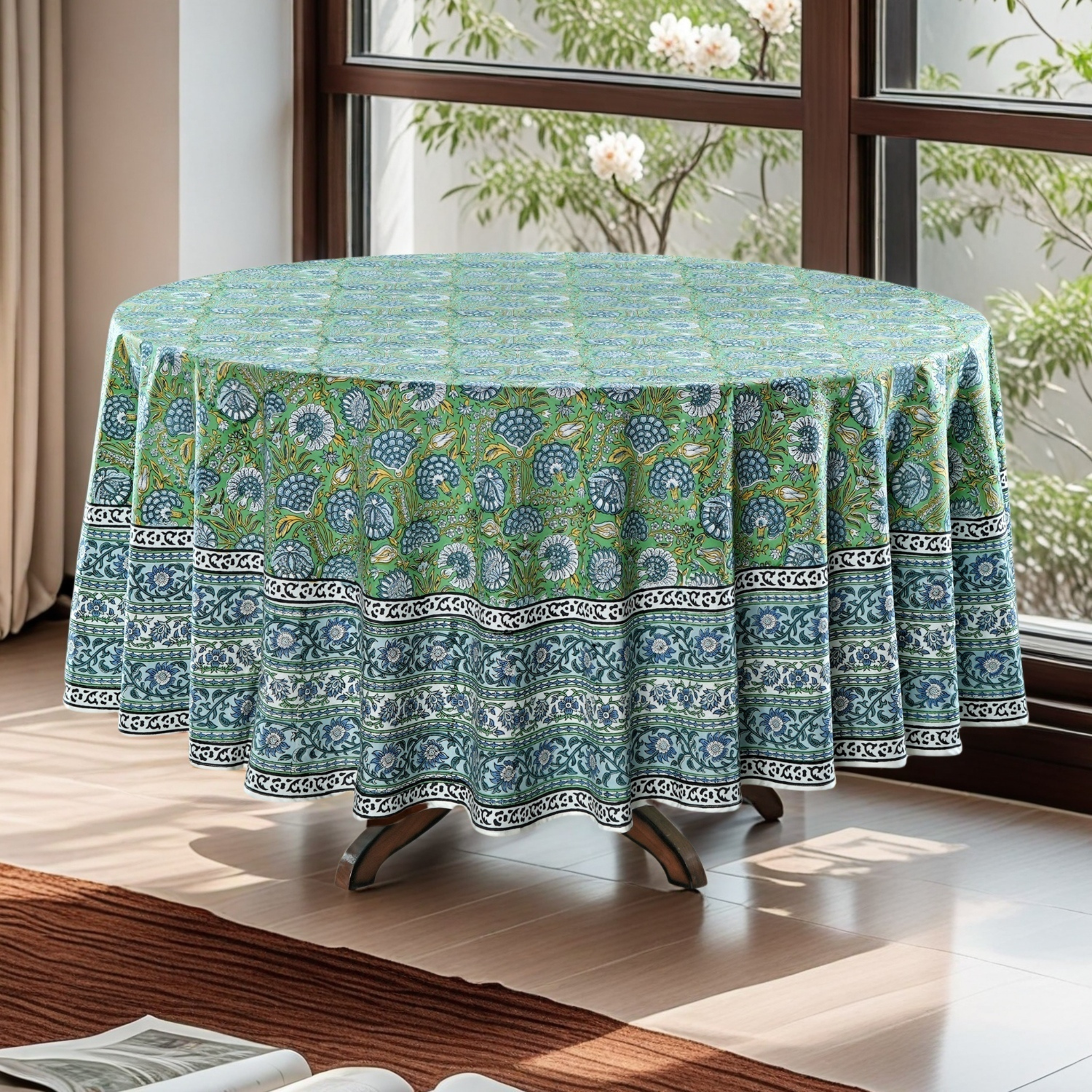 Round table with a green floral patterned tablecloth in a bright room with windows.