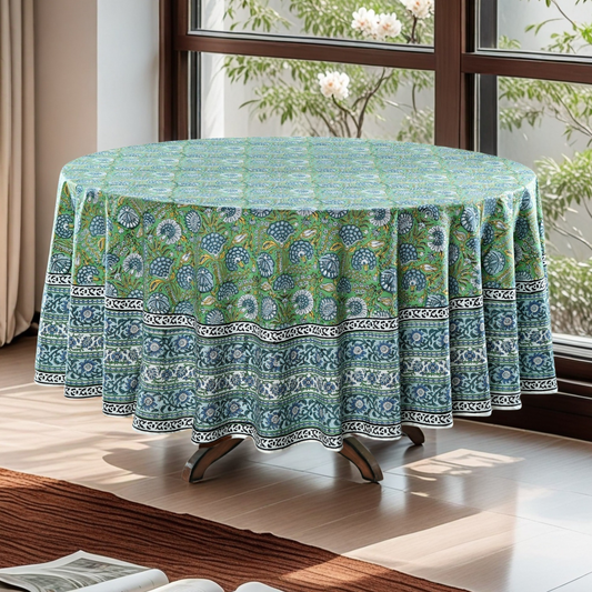 Round table with a green floral patterned tablecloth in a bright room with windows.