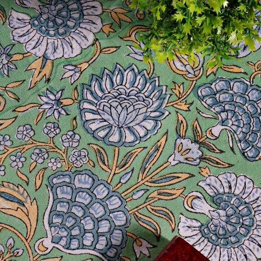 Close-up of a floral patterned rug with blue flowers on a green background.