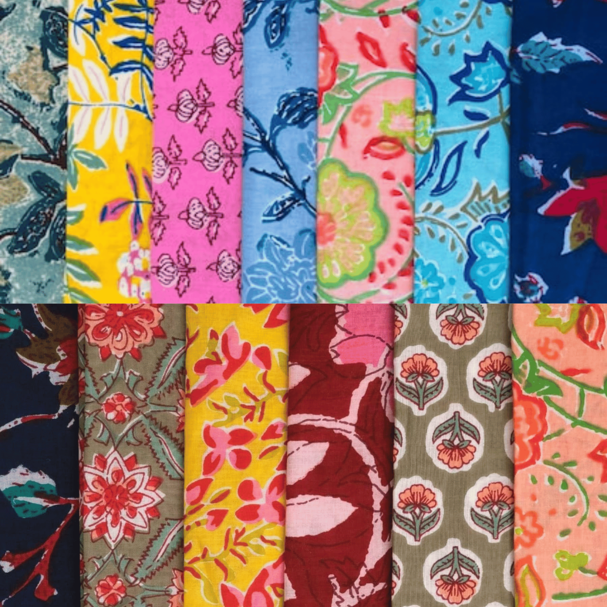 Collection of colorful floral and nature-themed fabric swatches arranged in a grid.