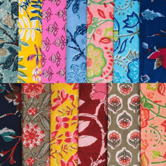 Collection of colorful floral and nature-themed fabric swatches arranged in a grid.