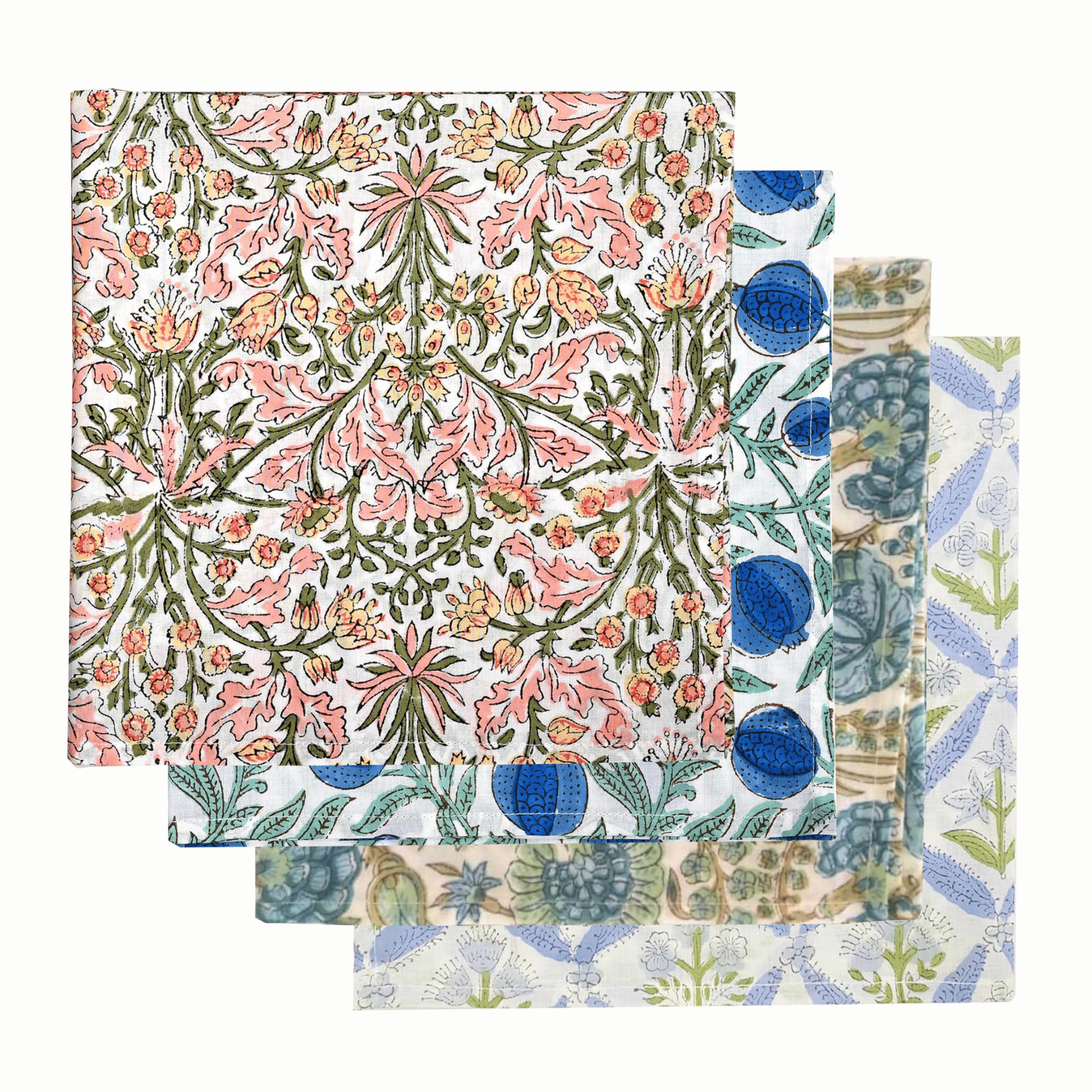 Set of three floral-patterned napkins with a white background