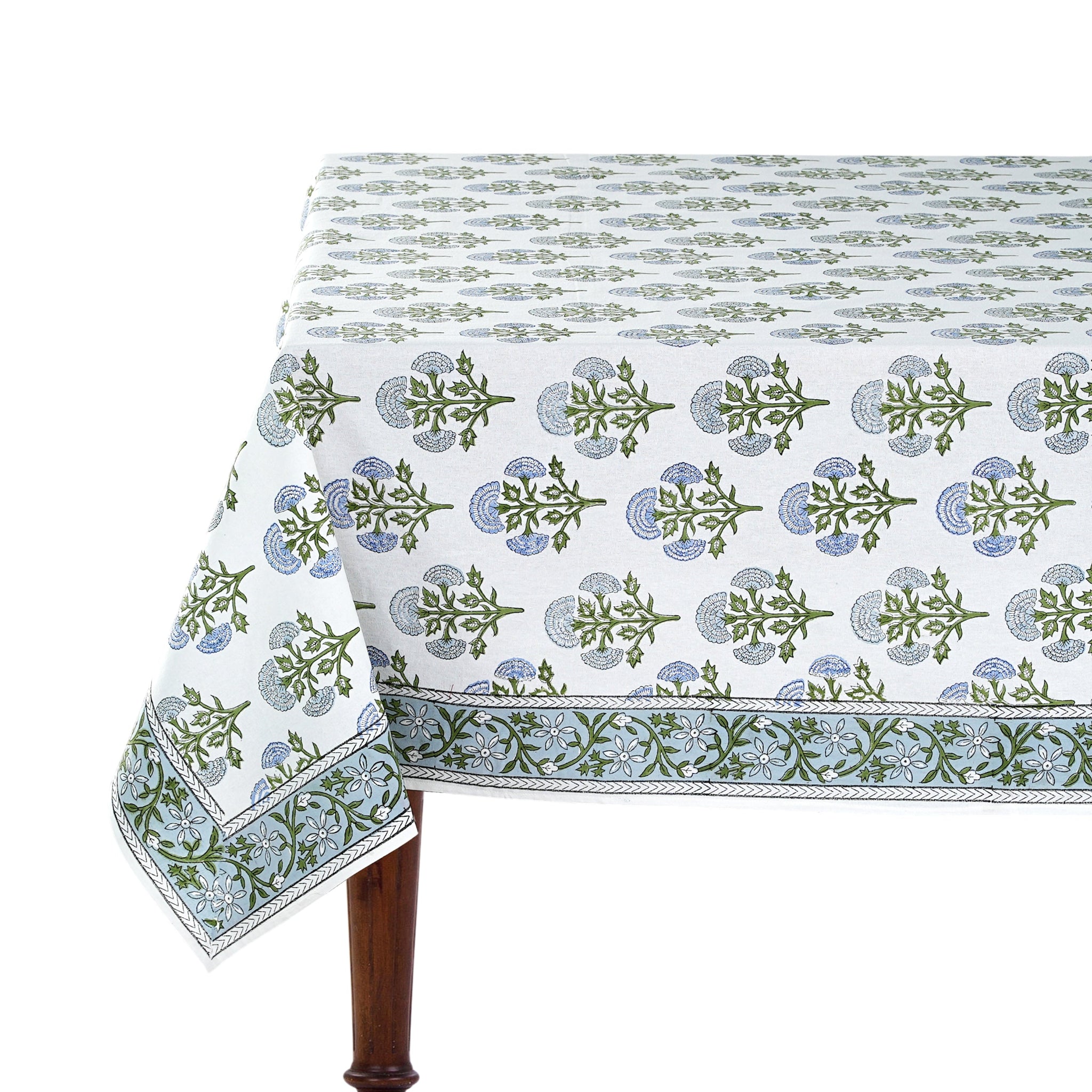 Tablecloth with green floral pattern on a white background