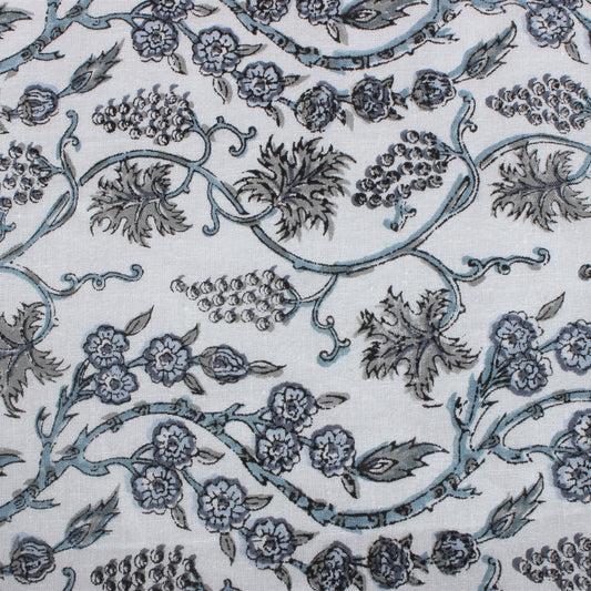 Patterned fabric with floral and vine designs in blue on a white background
