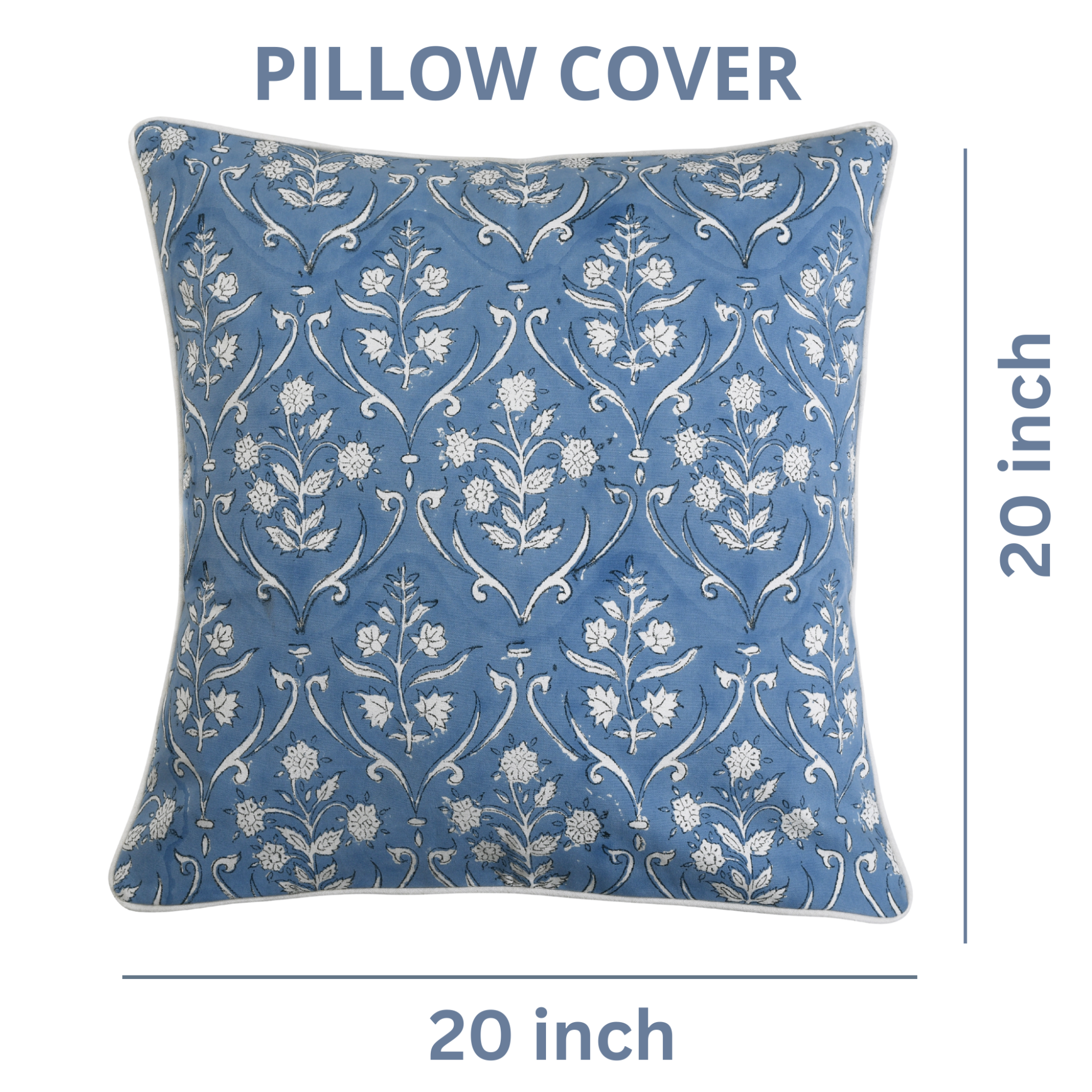 Blue pillow cover with floral pattern and dimensions on a white background