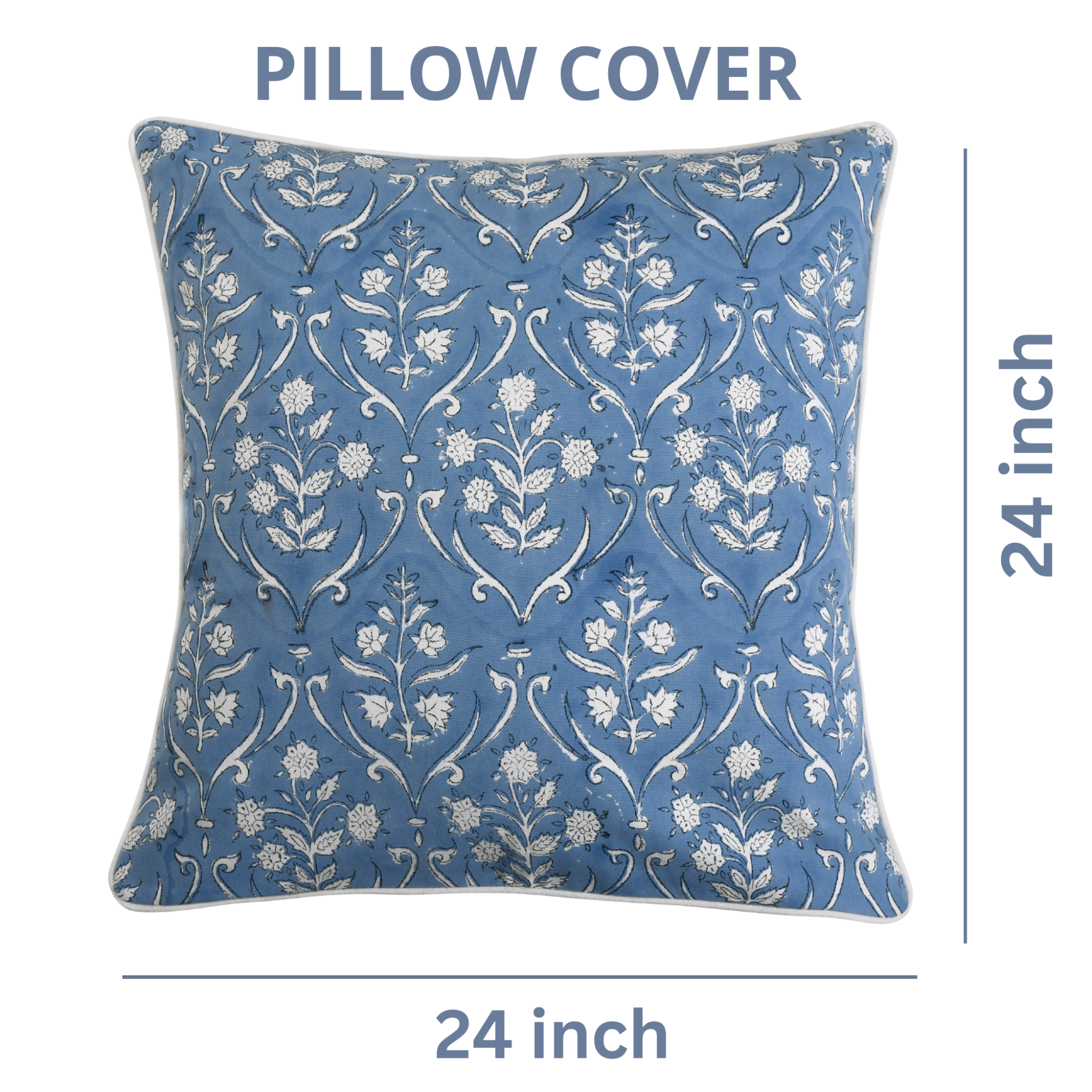Blue pillow cover with floral pattern and size label on a white background
