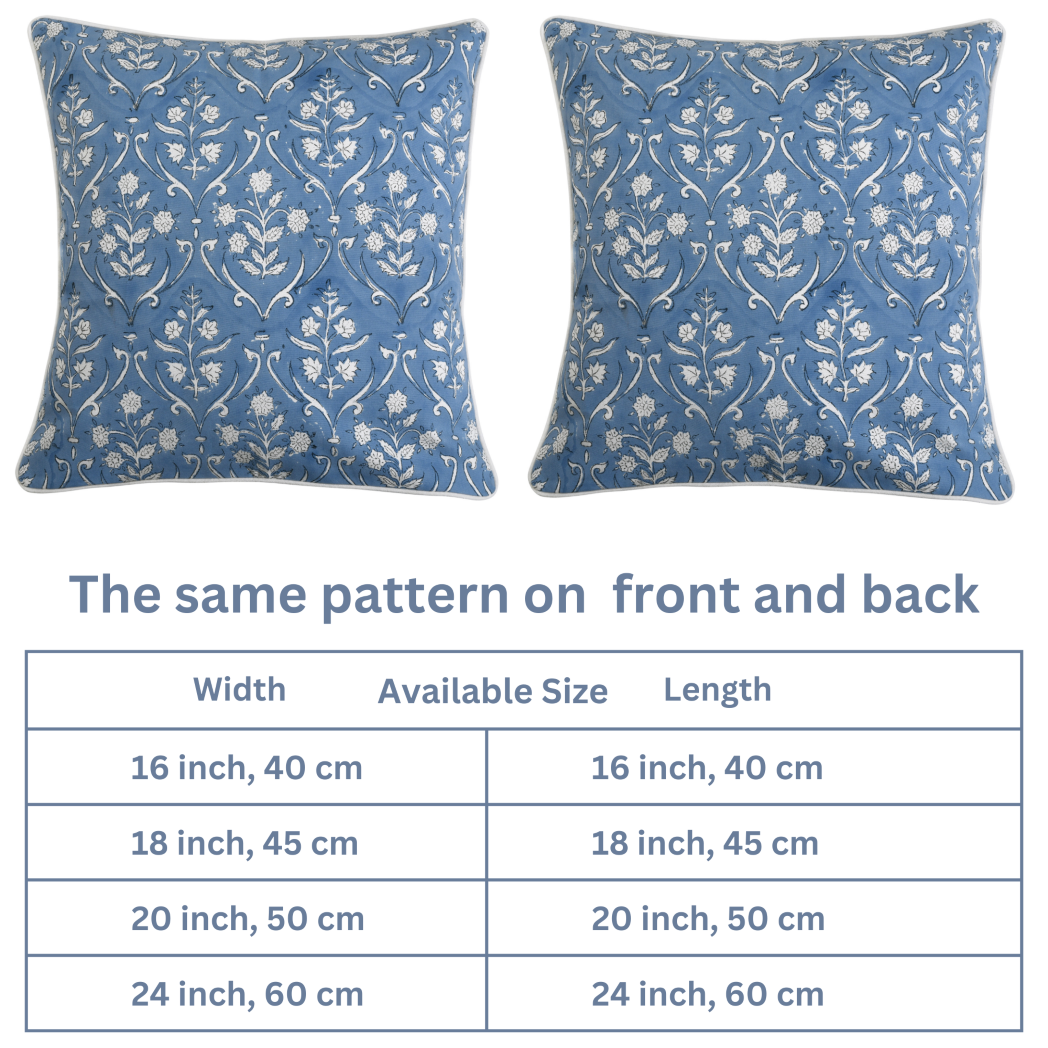 Two blue patterned pillows with a size chart below on a white background