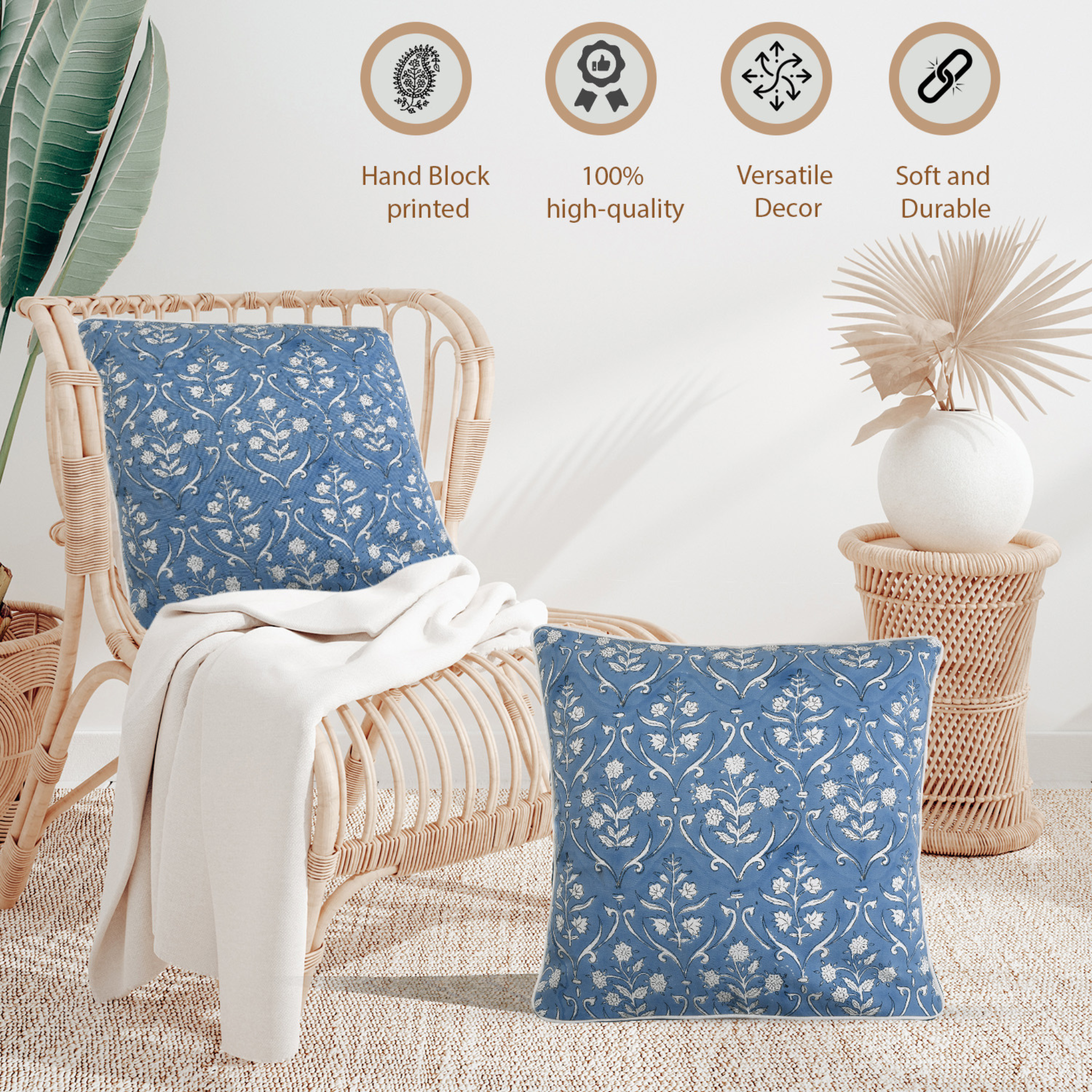 Blue patterned cushions on a wicker chair with decorative elements and quality indicators.