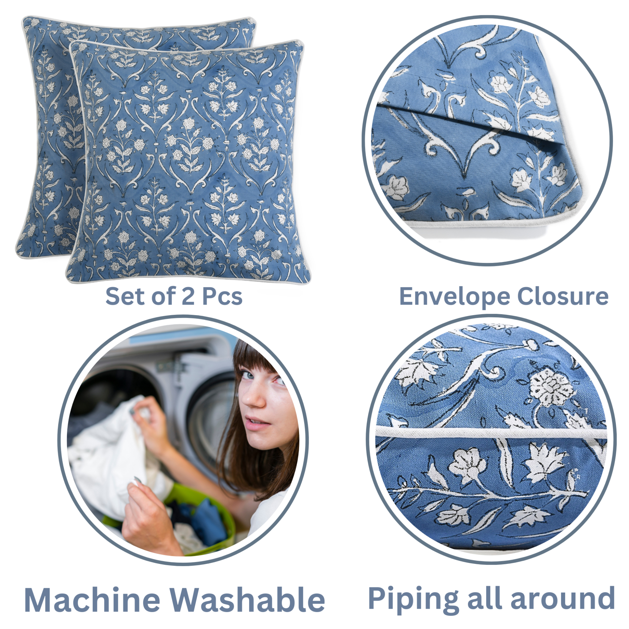 Set of two blue floral-patterned pillows with envelope closure, machine washable feature, and close-up details.