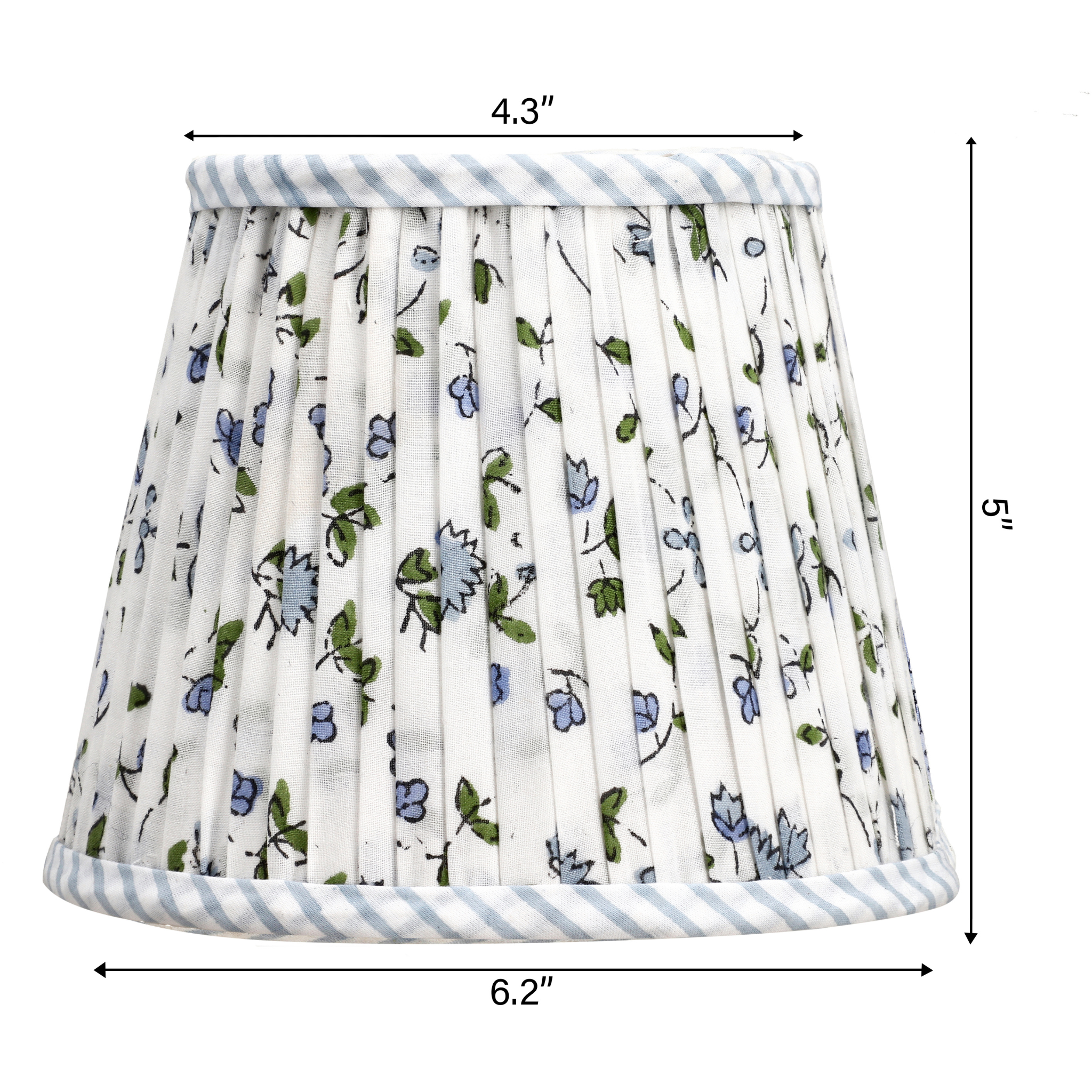 Floral patterned lampshade with measurements on a white background