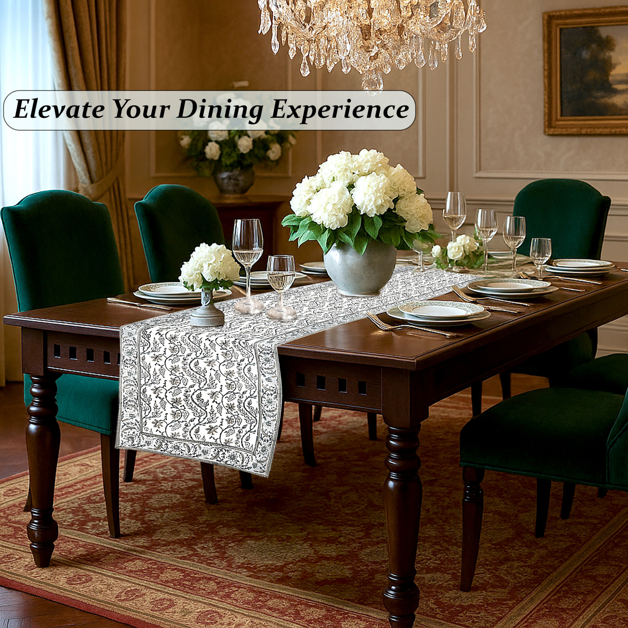 Dining room with a set table, flowers, and a chandelier with text 'Elevate Your Dining Experience'.