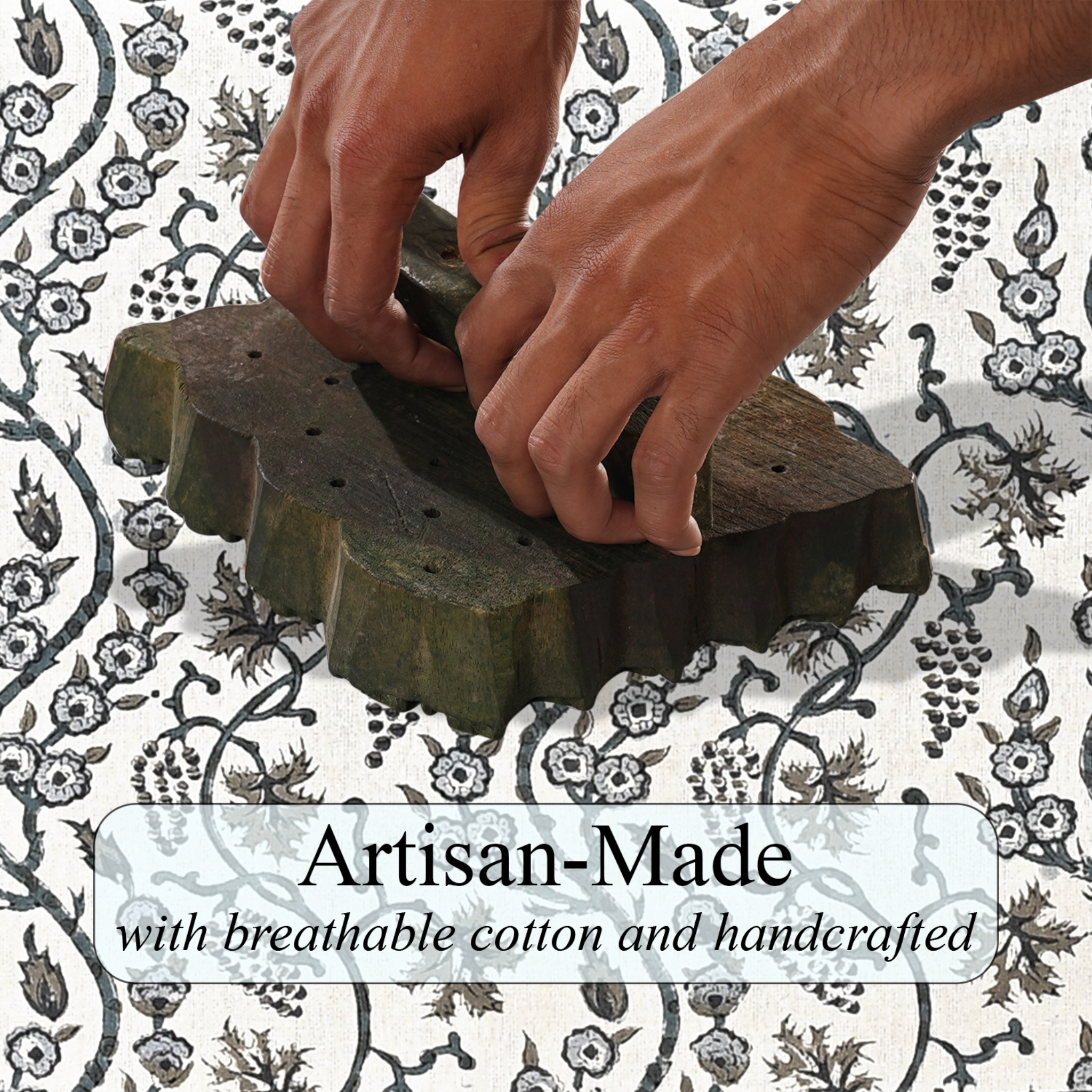 Hands using a textured sponge on a patterned fabric background with 'Artisan-Made' text overlay.
