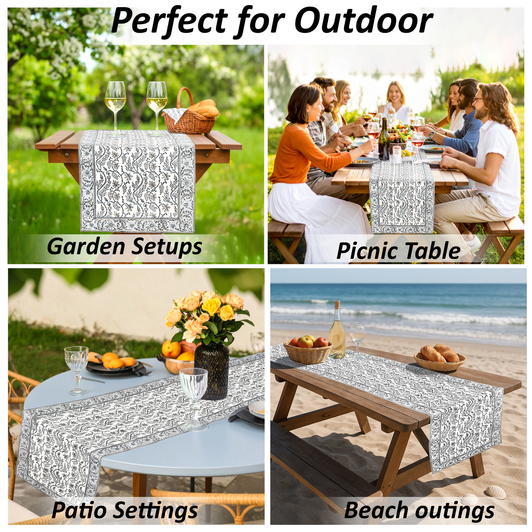 Table runner used in various outdoor settings including garden, picnic table, patio, and beach.