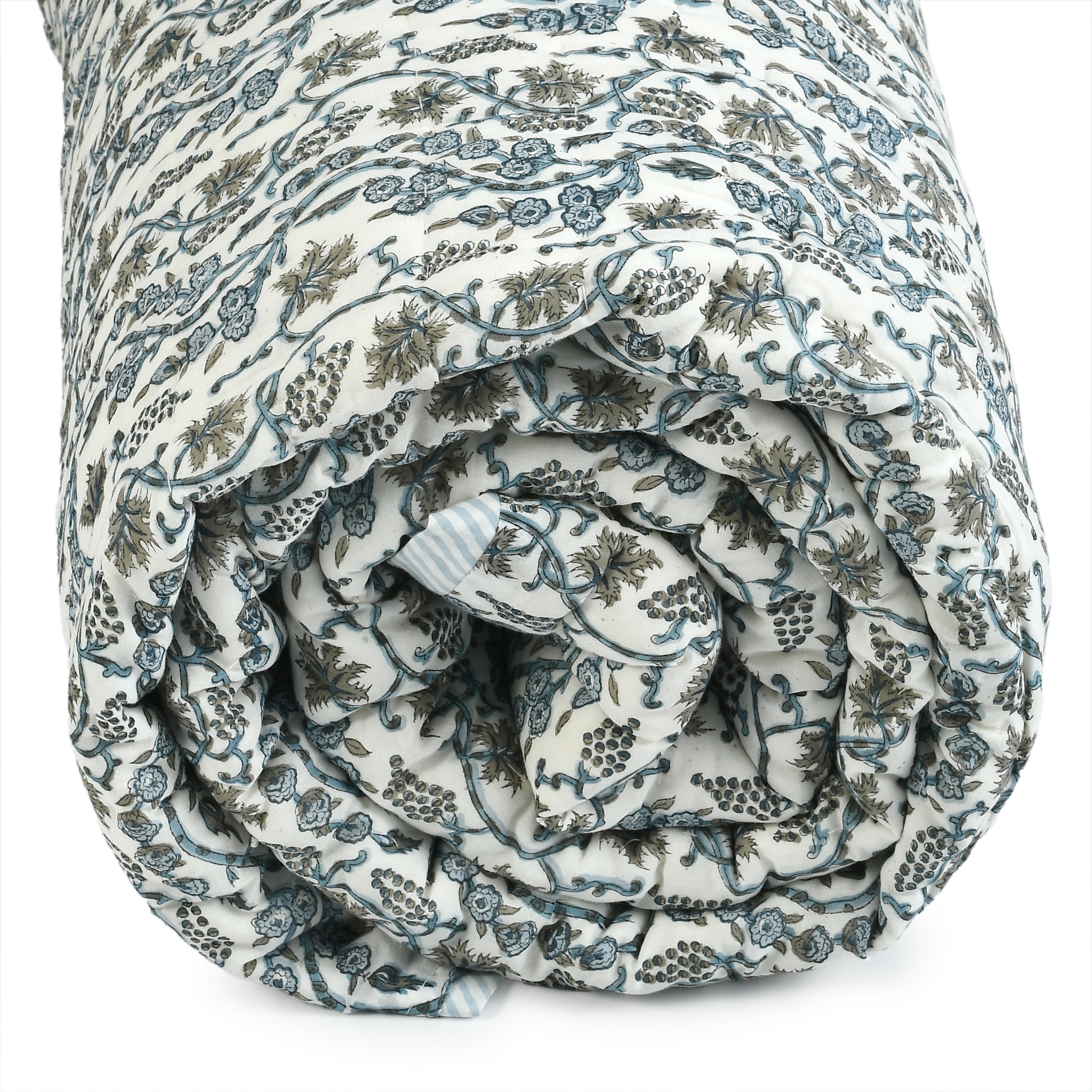 Rolled-up floral-patterned quilt on a white background