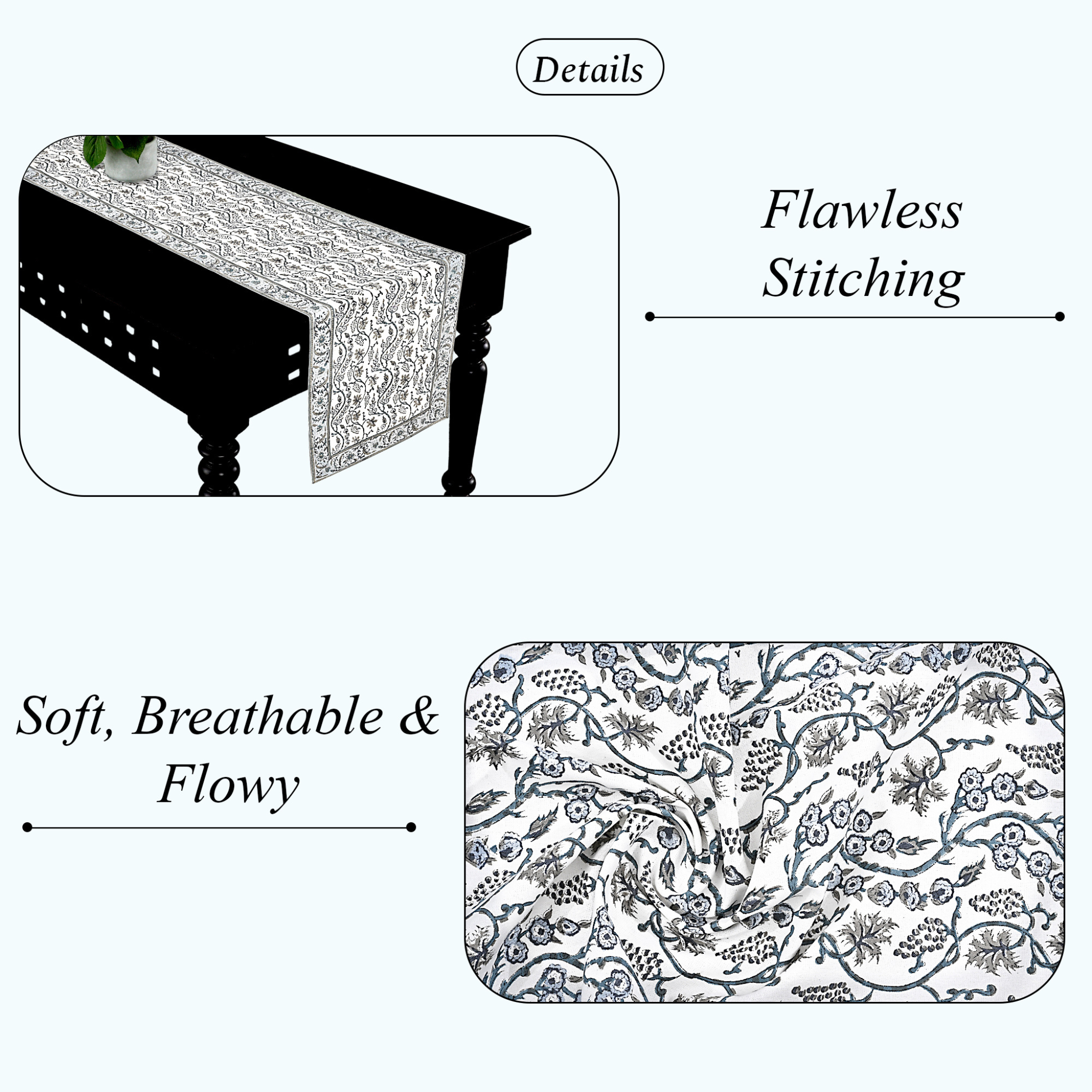 Tablecloth with intricate patterns and text highlighting features on a white background