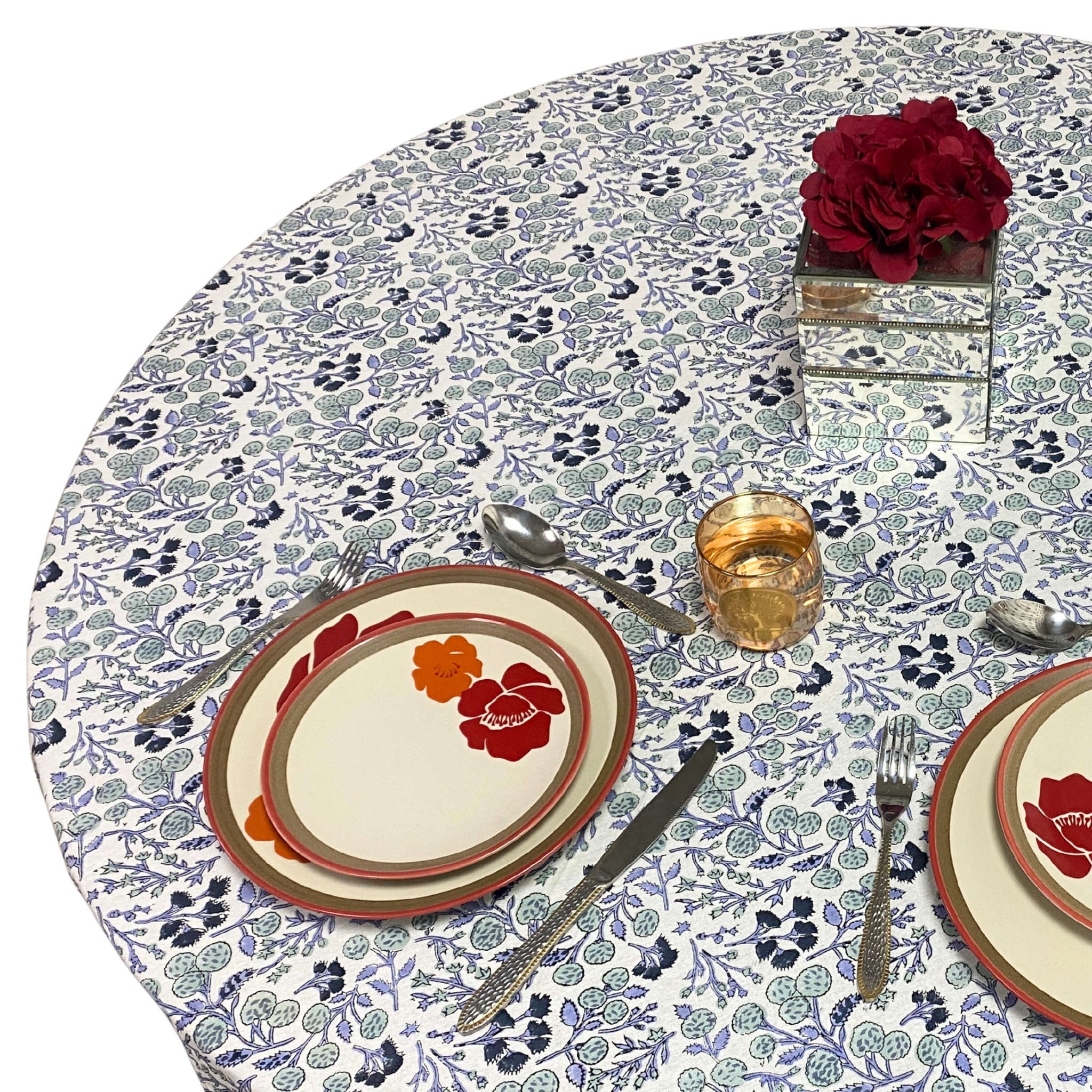 Baby Blue Floral Round Tablecloth