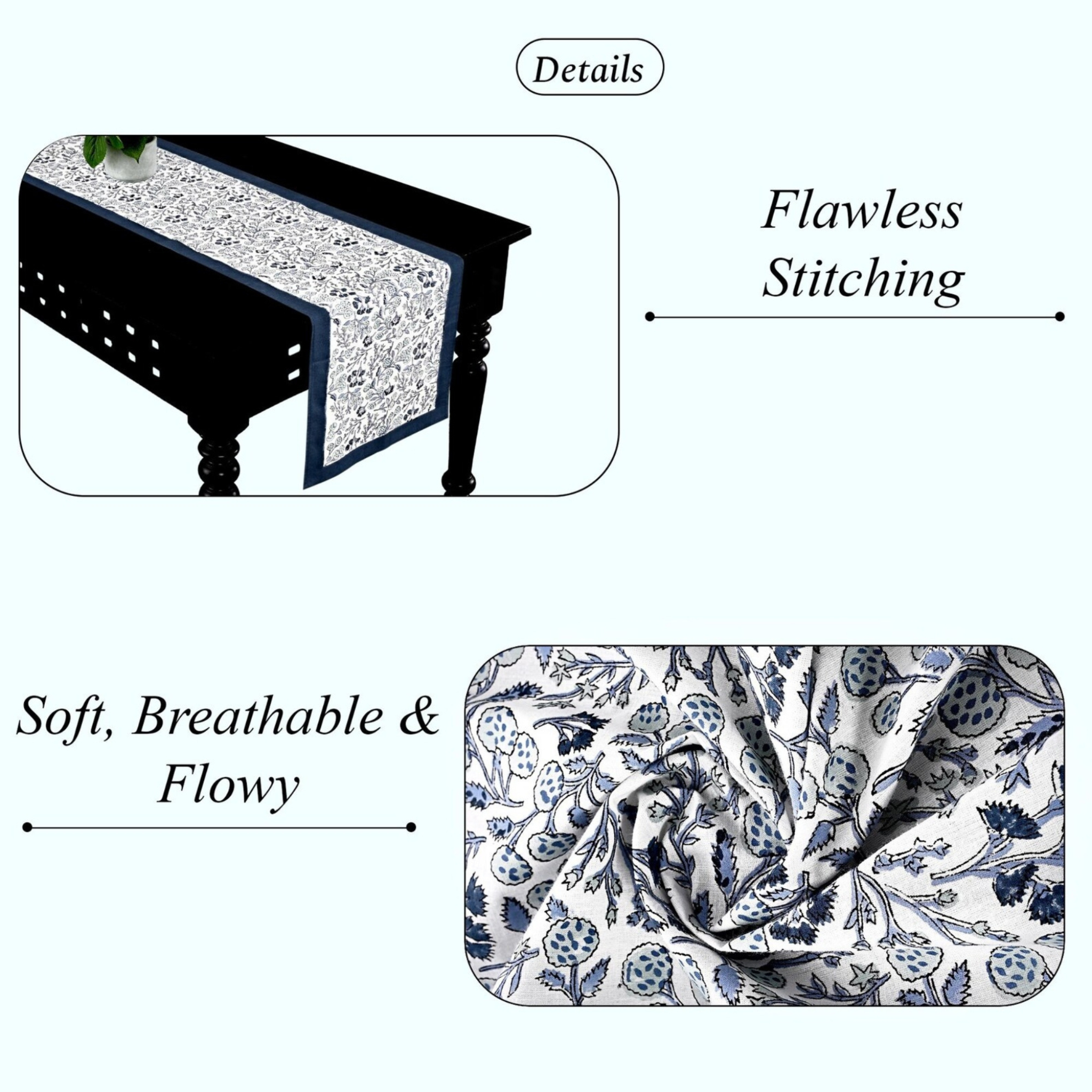 Tablecloth with floral pattern and text highlighting features on a white background