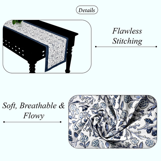 Tablecloth with floral pattern and text highlighting features on a white background