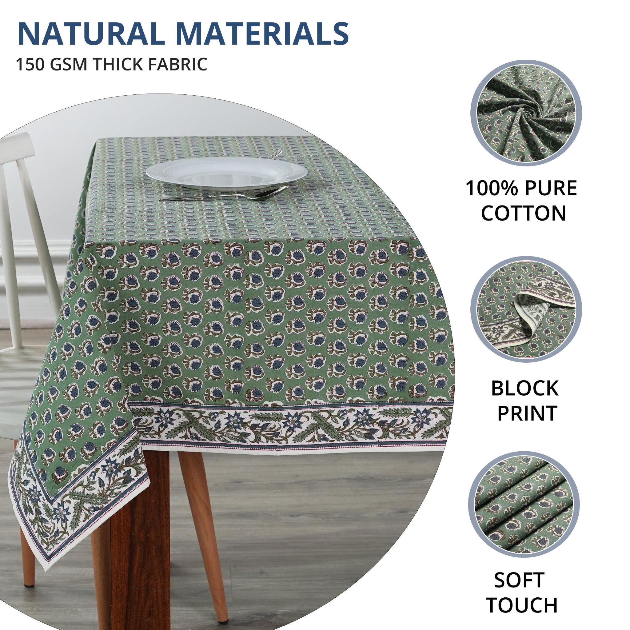 Green patterned tablecloth on a table with text highlighting material properties.
