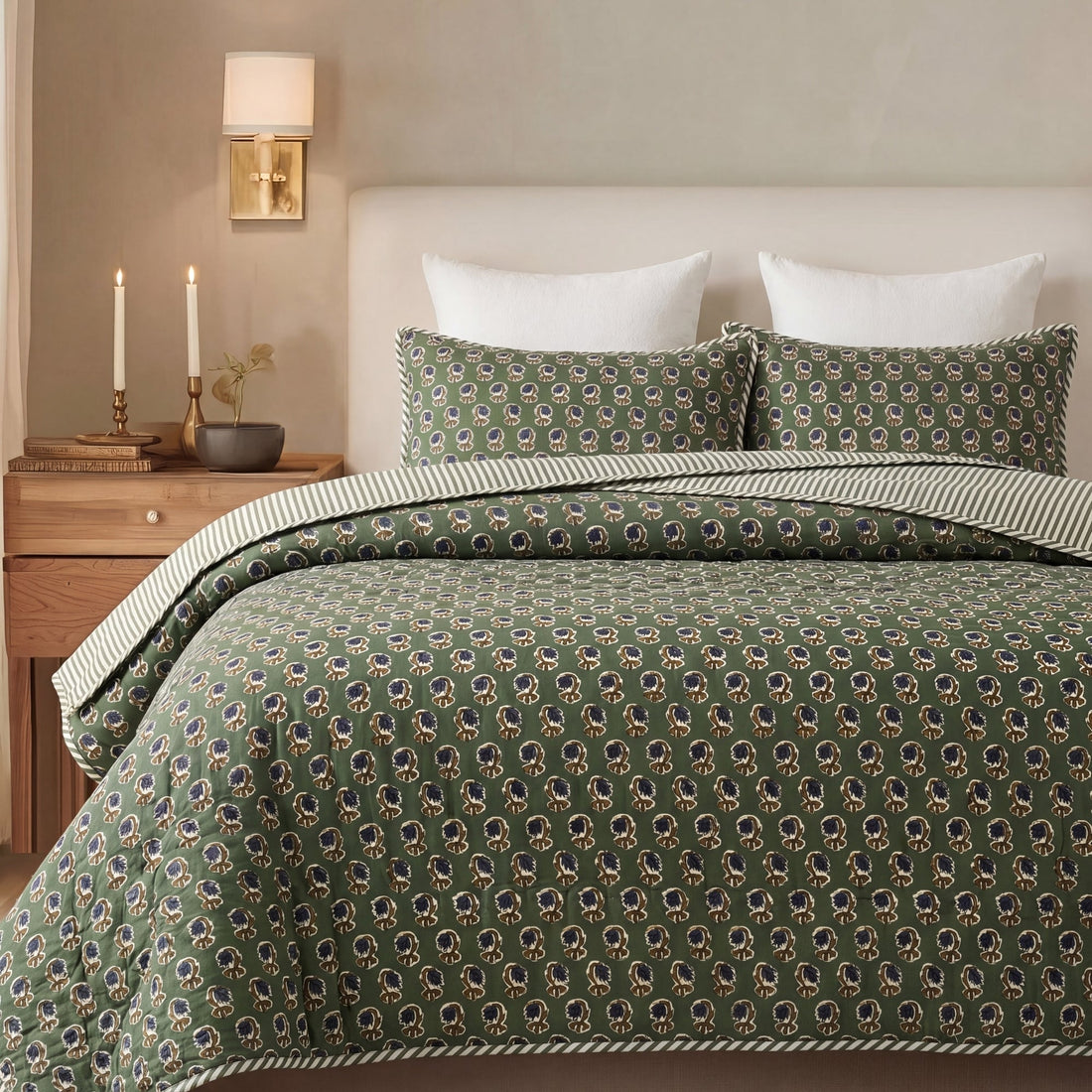 Basil Green Quilt Ridhi Block Print