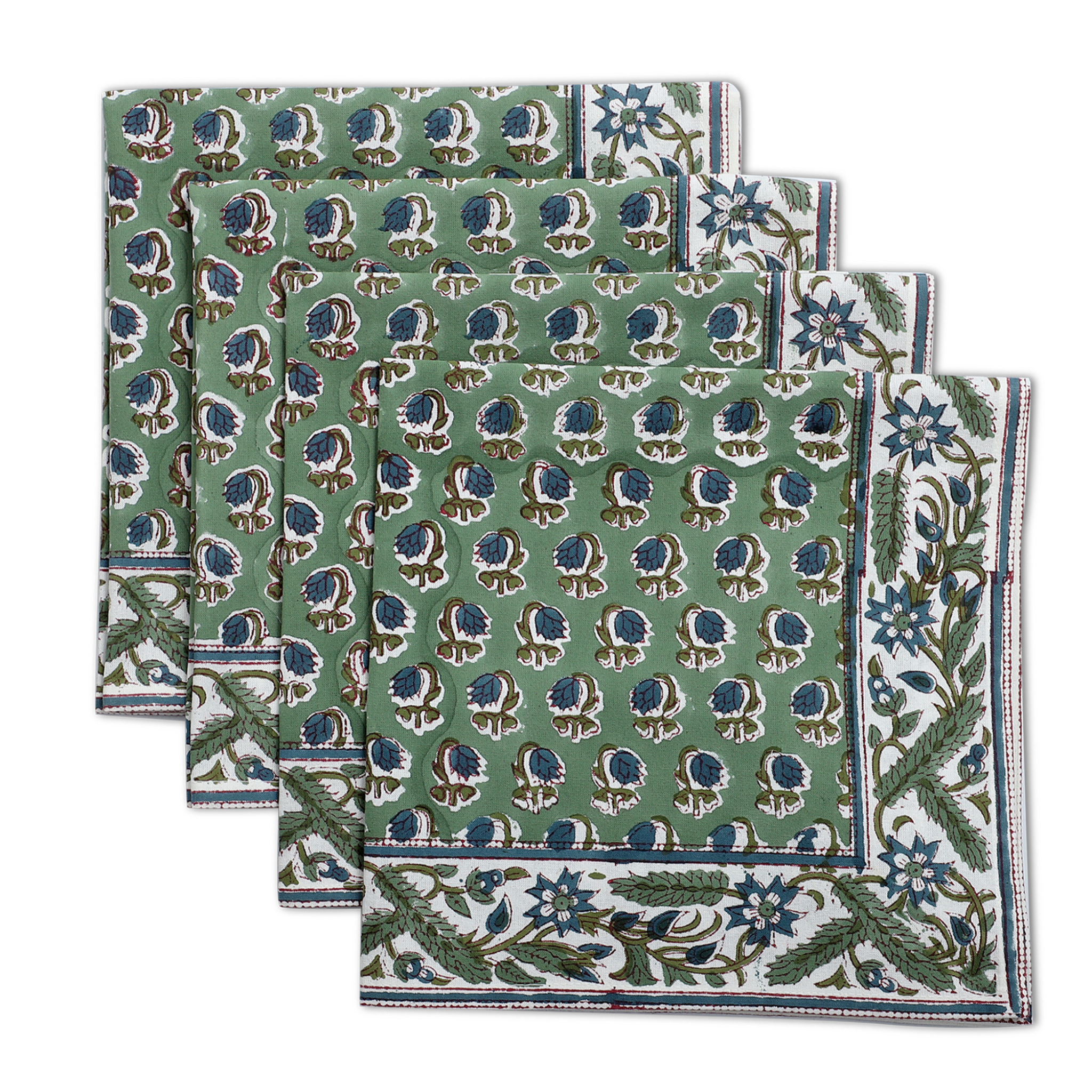 Set of three green patterned placemats with floral designs on a white background