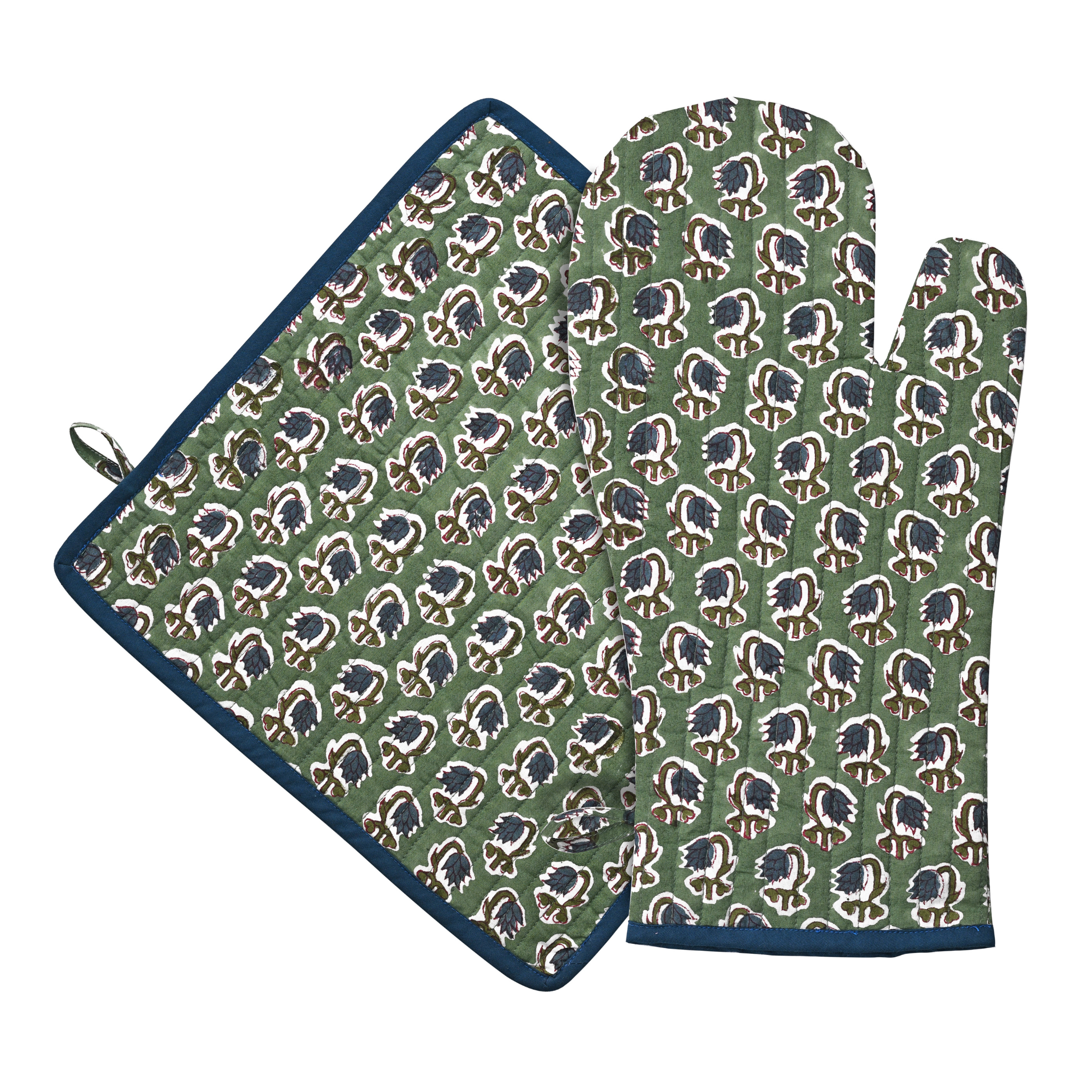 Patterned oven mitt and pot holder set on a white background