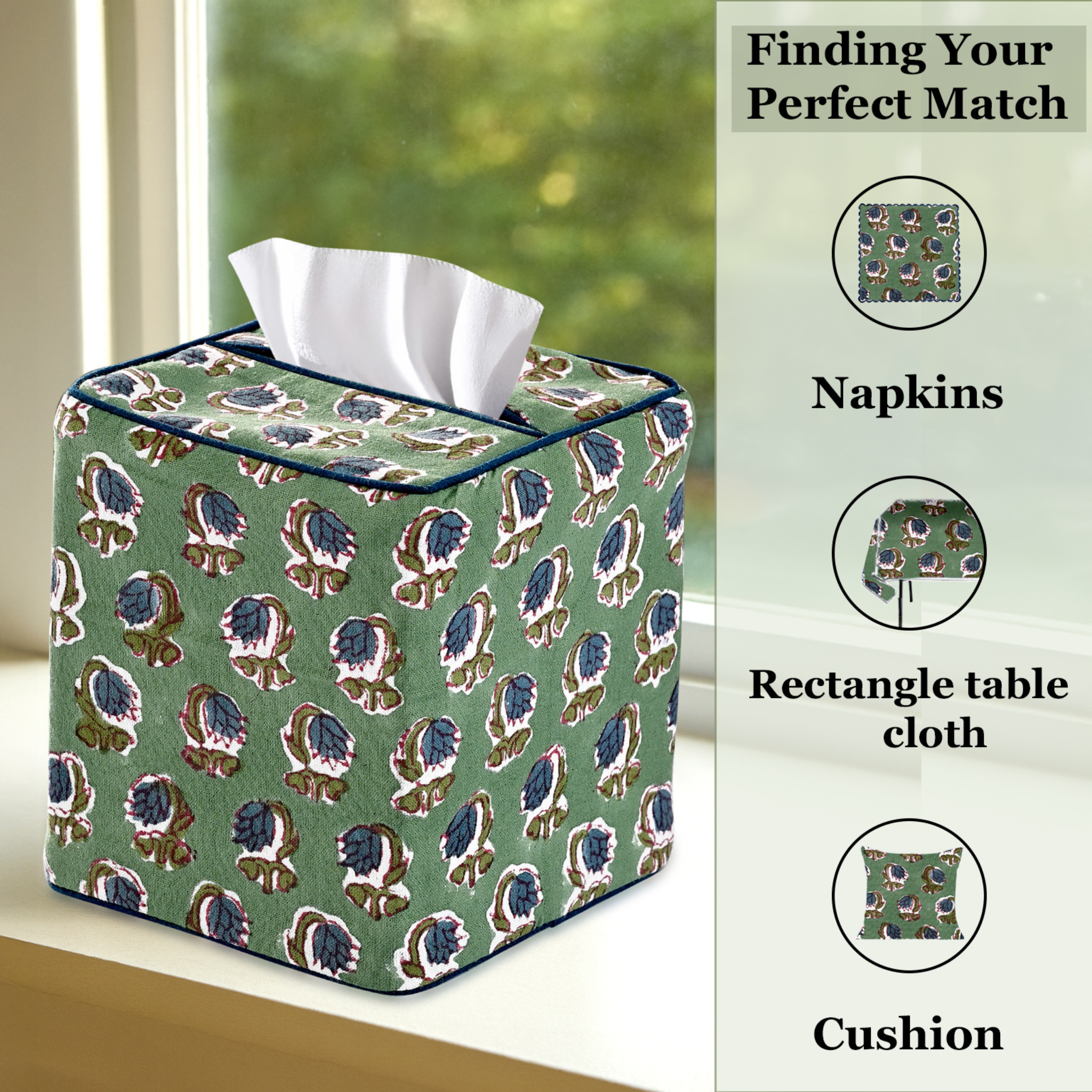 Decorative tissue box cover with floral pattern on a windowsill, with text suggesting matching products.