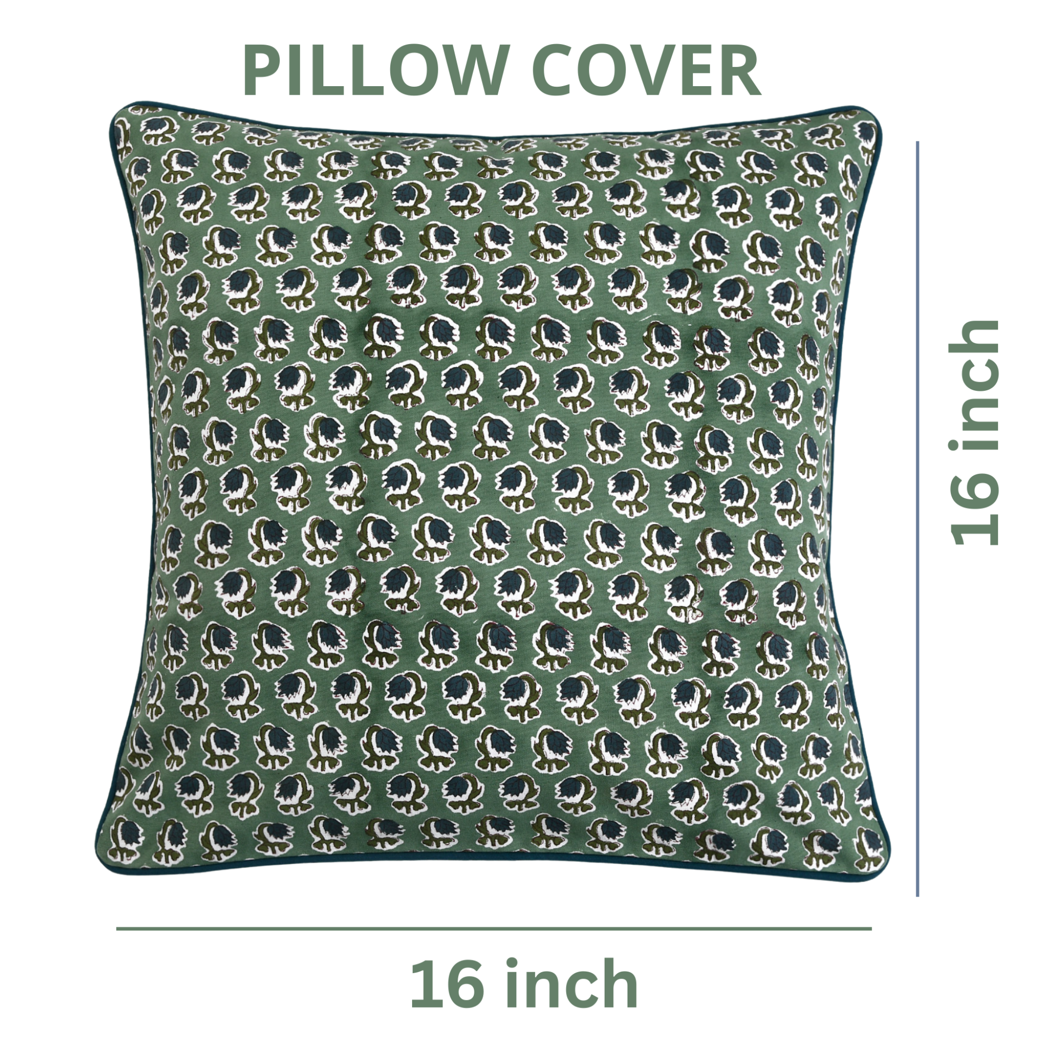 Green pillow cover with a pattern, size indicated as 16 inch on a white background